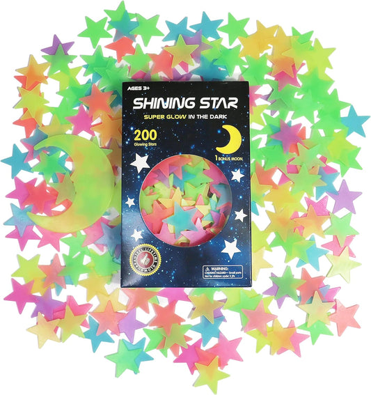 Glow in The Dark Stars and Moon Stickers for Ceiling - 200pcs 3D Luminous Adhesive Stars Create Realistic Starry Sky - Room Decor for Kids Bedroom, Wall Stickers