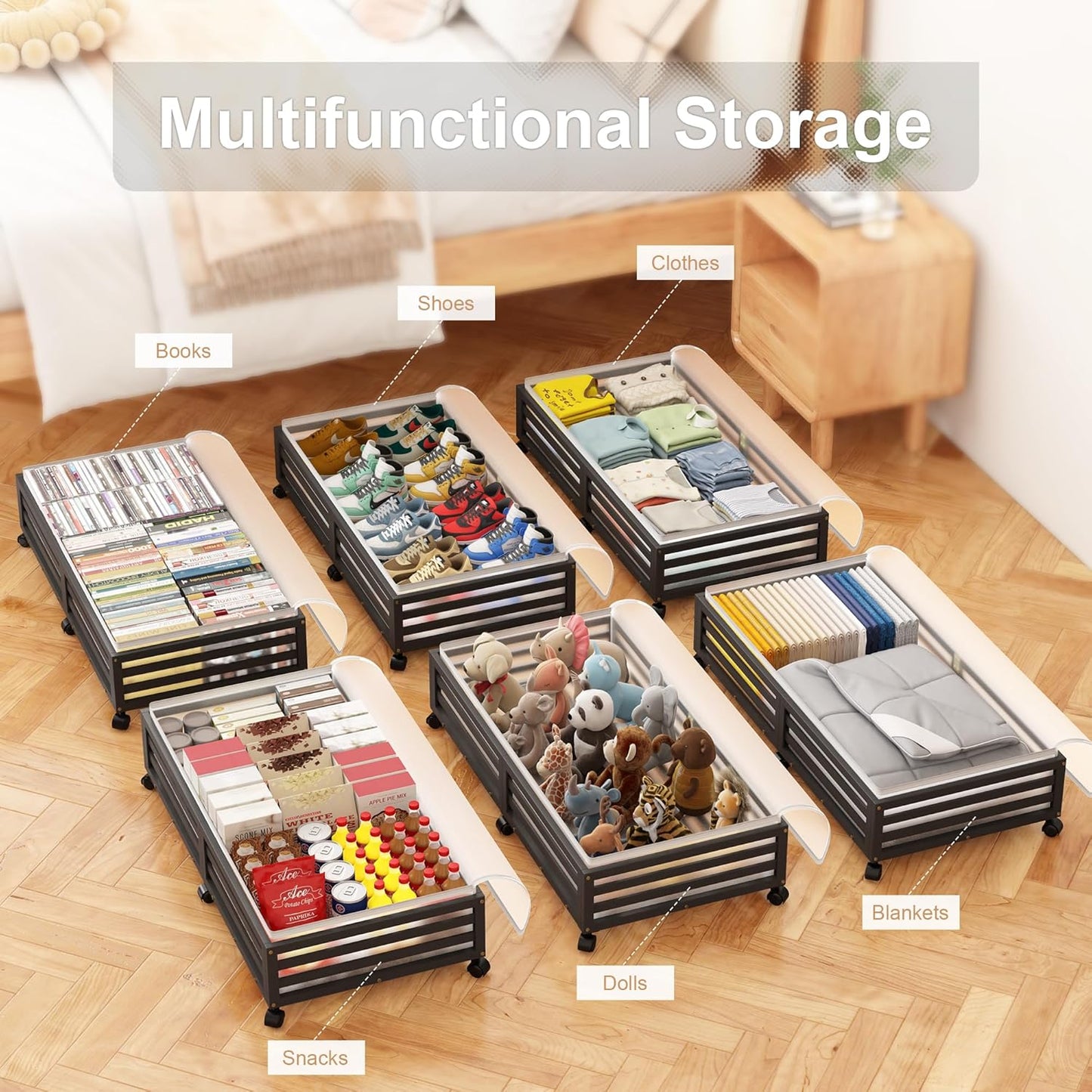 Under Bed Storage Containers With Wheels - 2 Pcs Large Bamboo Wood Rolling Underbed Shoe Storage Bins With Dust Bags for Clothes Blankets, Duvet Covers Snacks Toys (Black)