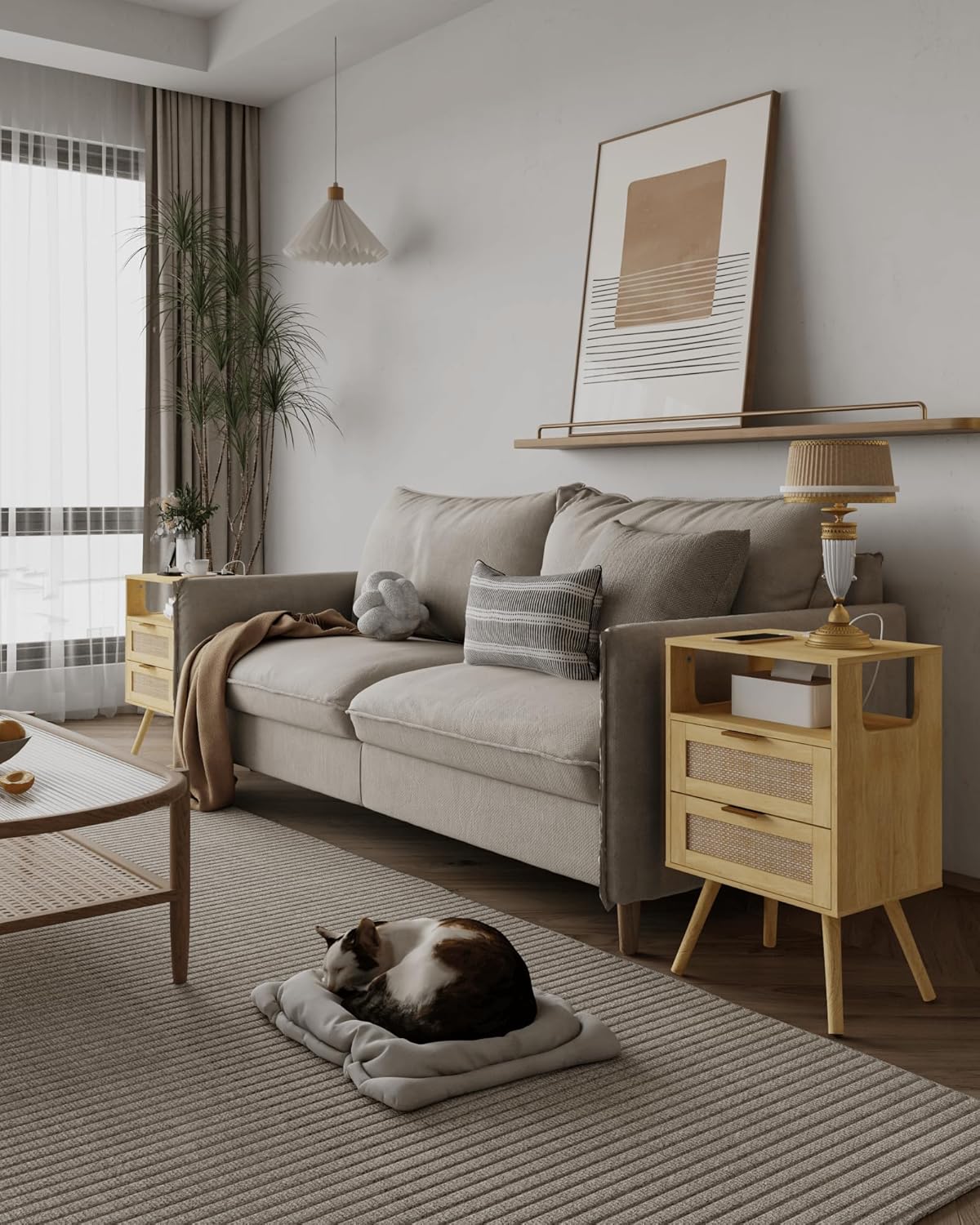 Rattan Nightstand with Charging Station,Modern Bedside Table with 2 Storage Drawer and Open Wood Shelf, for Bedroom and Small Spaces,Night Stand with Solid Wood Legs (Yellow Oak)