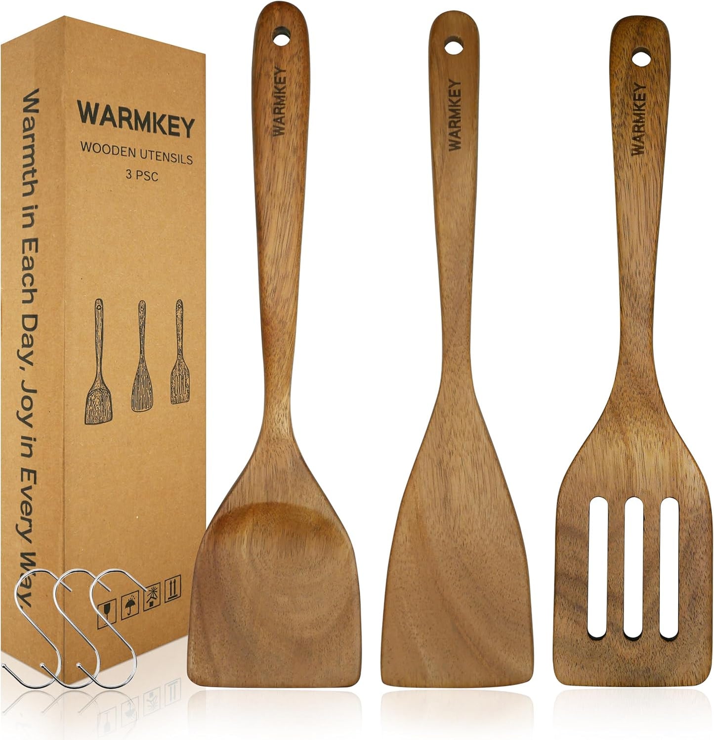 Acacia Wood Spatula Set of 3 - Natural Wooden Cooking Utensils for Nonstick Pans, Scratch-Proof & Heat Resistant, Sturdy & Lightweight Kitchen Tools with Hanging Holes