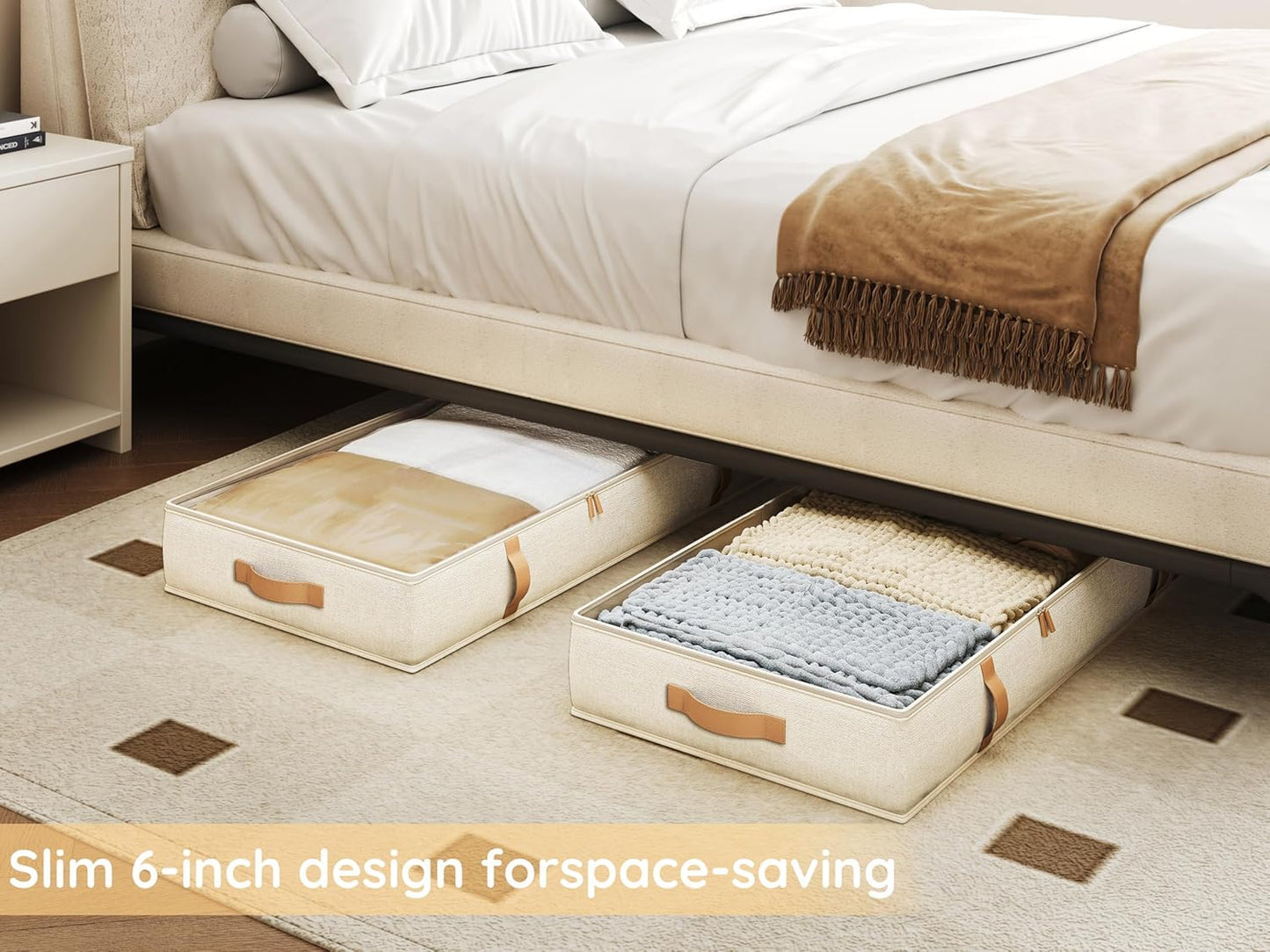 Vailando Under Bed Storage Containers, Foldable Storage Bins for Blankets, Comforter, and Seasonal Clothing, 6 Inches Tall, Beige with Brown Leather Handles, 2-Pack