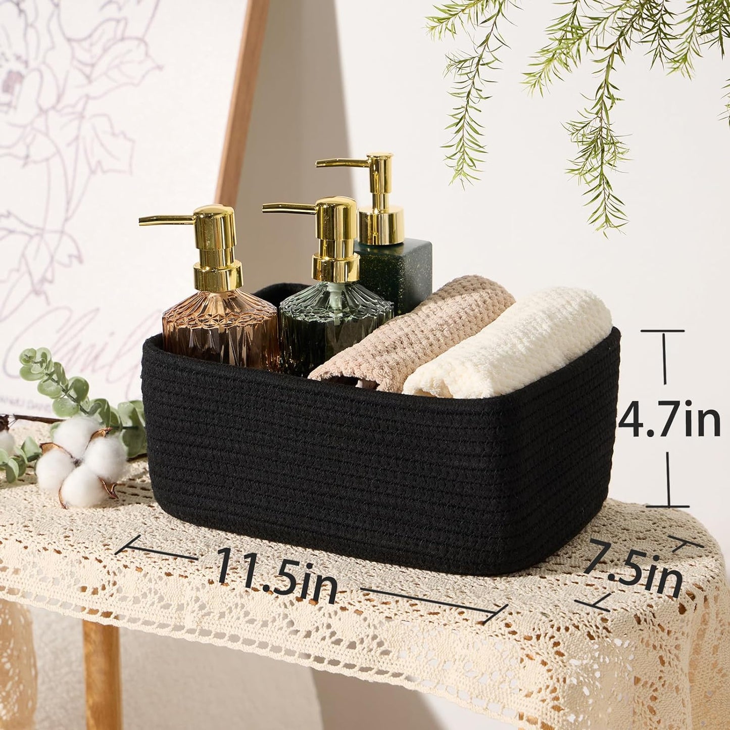 Small Storage Baskets for Organizing | Closet Organizer Bins | Shelf Toy Basket | Woven Rope Baskets | Cube Decorative Box | Shallow Basket | 11.5x7.5x4.7” | 4 Packs Black