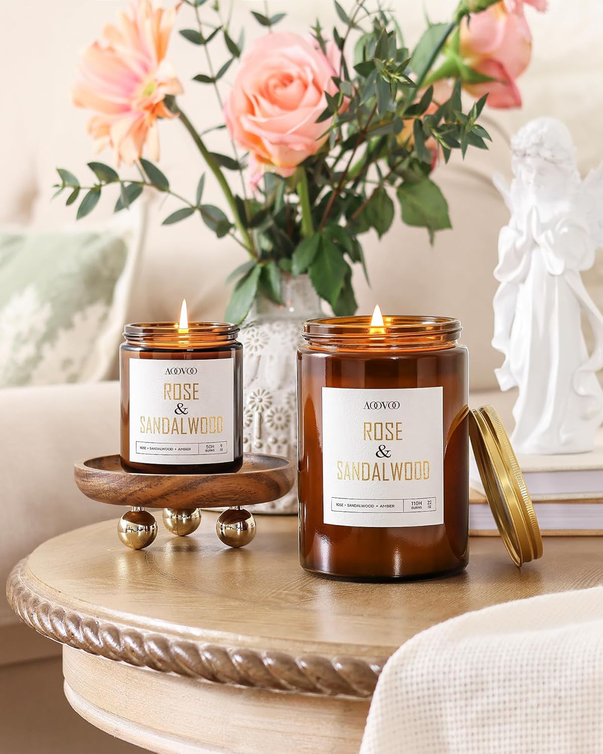 AOOVOO Rose Sandalwood Candles - 22 oz Scented Candles, Aromatherapy Candle, Soy Candle for Home Scented