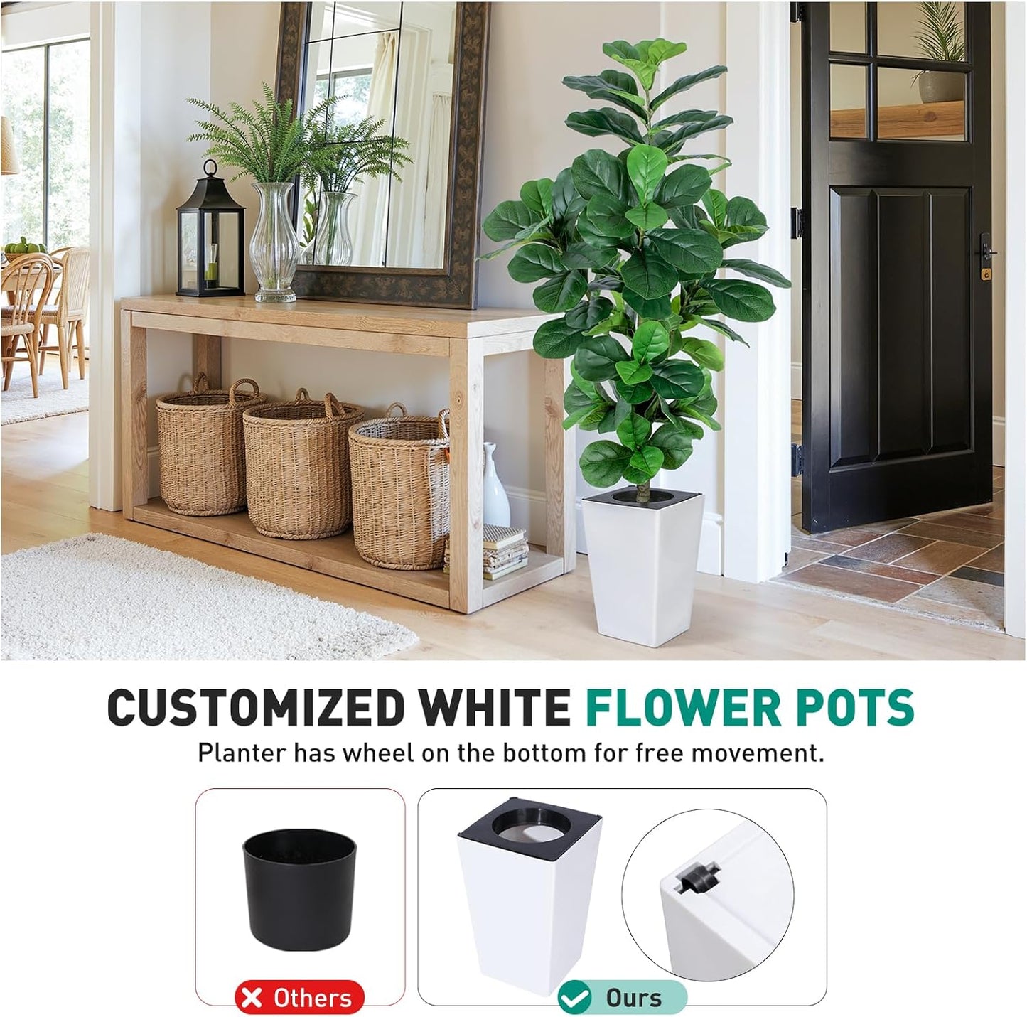Fiddle Leaf Fig Tree, 5ft Tall Fake Silk Tree in White Planter, Faux Floor Plants with 108 Fiddle Leaves, Artificial Plants for Home Office Decor Indoor