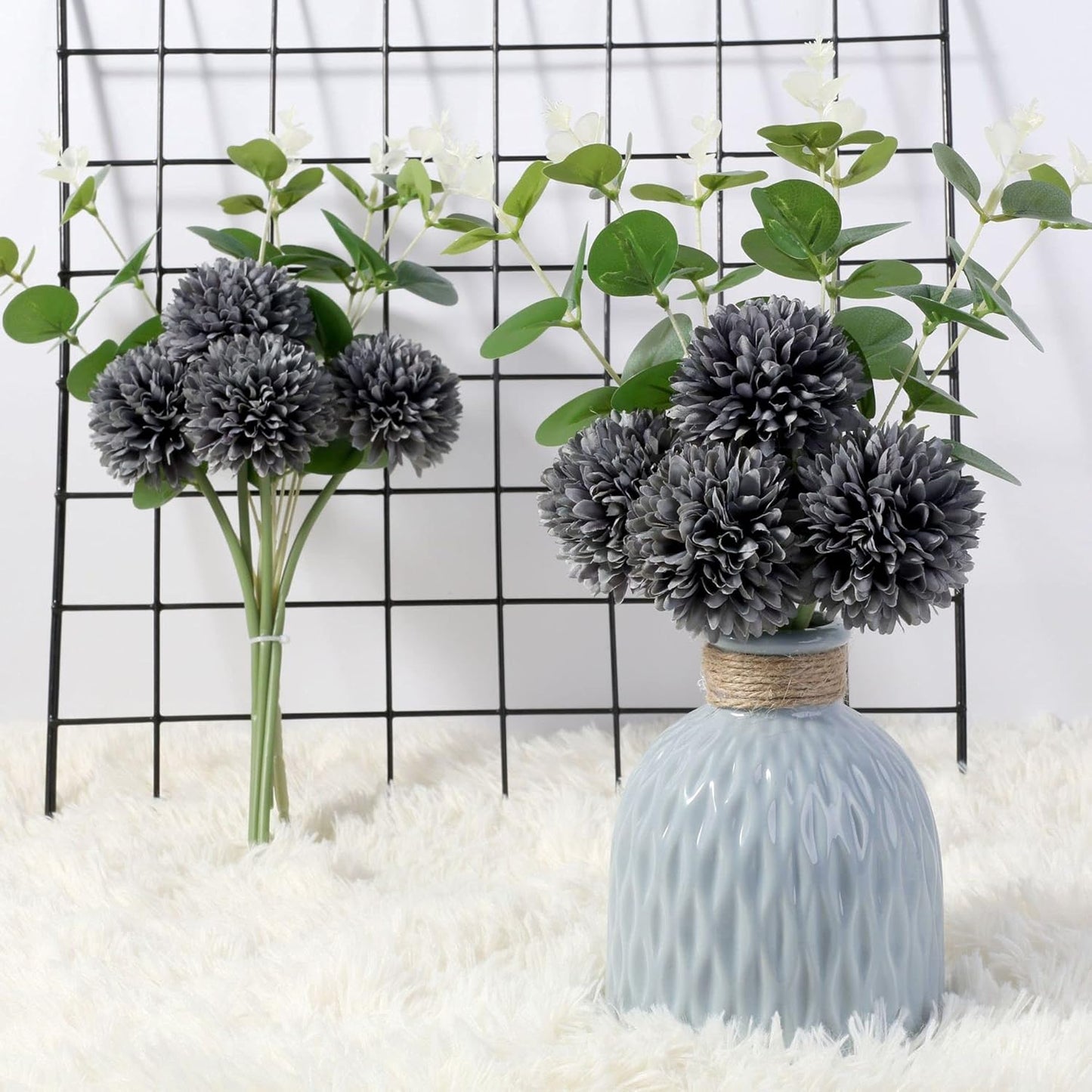 Kimura's Cabin 20Pcs Faux Mums Flowers Artificial Silk Chrysanthemums Fake Ball Flower for Halloween Fall Home Kitchen Table Decor Arrangement Decoration Bouquets (Grey Black)