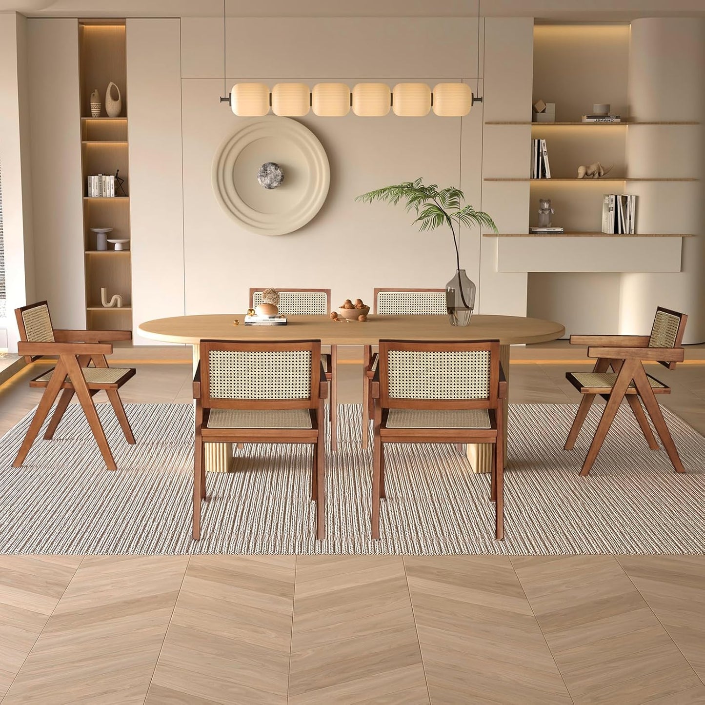 Rattan Walnut Mid Century Modern Dining Chairs Set of 6, Comfy Armchairs with Cane Back, Outdoor Kitchen Chairs for Multiple Rooms