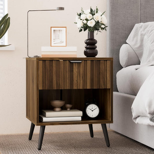 Smuxee Walnut Wooden Night Stand, Mid Century Nightstand with Fluted Drawer, Bedside Table with Open Shelf, Modern End Side Table for Bedroom
