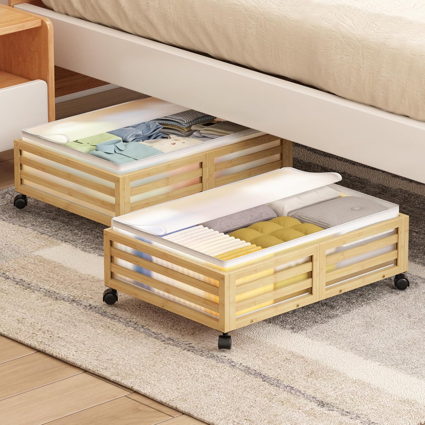 Under Bed Storage with Wheels-Large Bamboo Underbed storage Containers with Large Dust Bag Stackable Under the Bed Shoe Storage Bins for Clothes Books Bedding (2 Packs Nature, 23.62"L×16.54"W× 6.51"H)