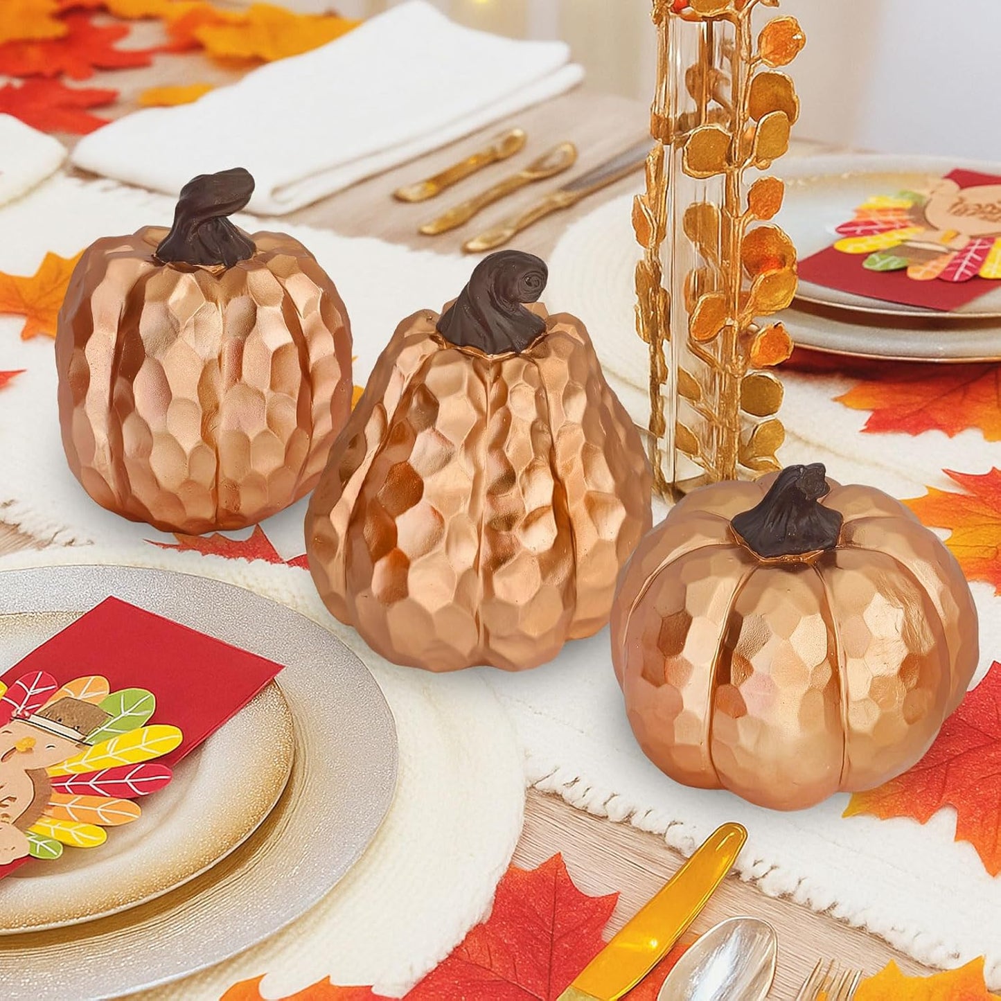 Large Pumpkin Decor Set of 3, Resin Pumpkins Thanksgiving Table Decor,5.9 Inch Faux Pumpkins Suitable for Fall Home Decor,Fall Table Decorations,Fall Mantel Decor (Gold)