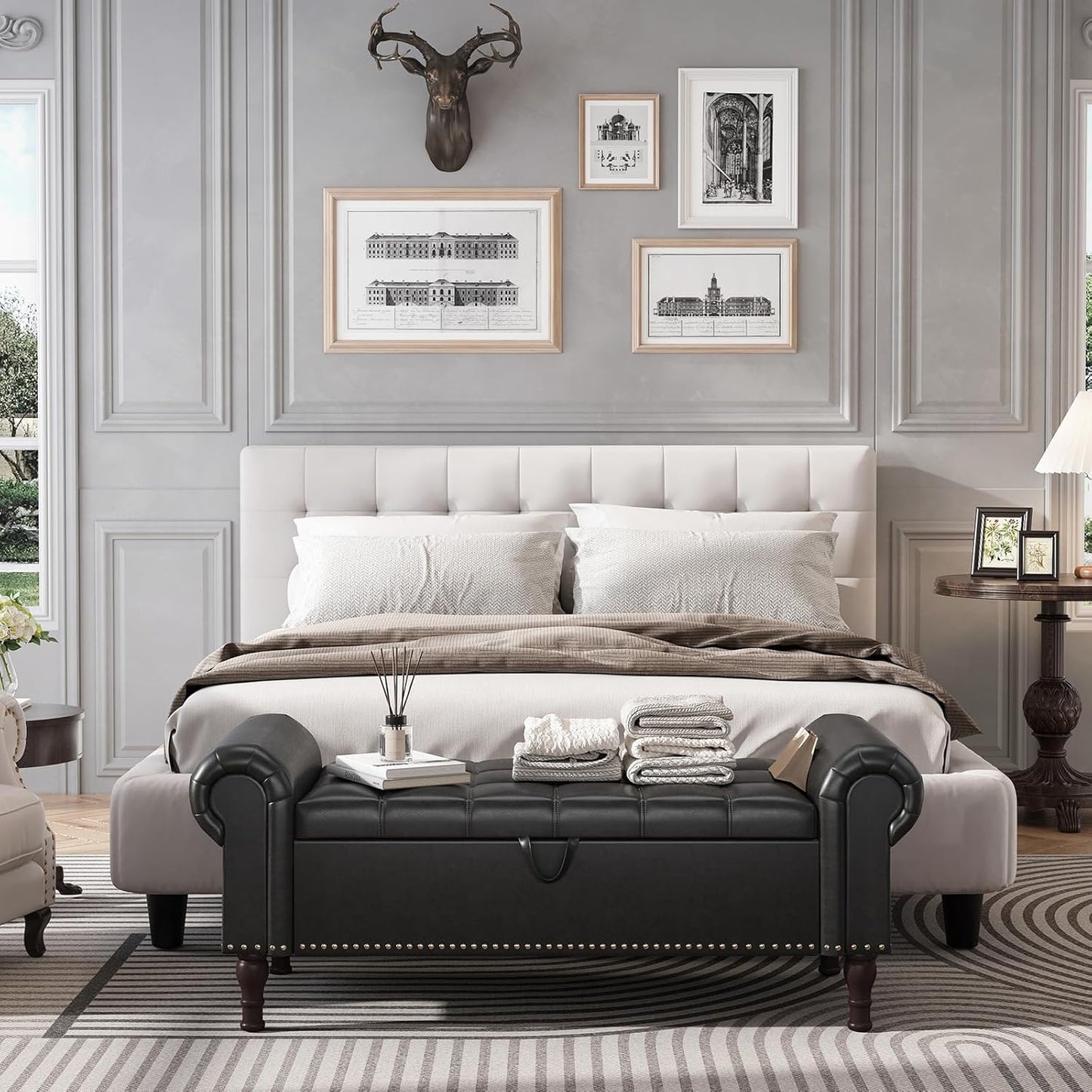 Apicizon 51”Storage Benches, Queen Size Faux Leather Bed Bench with Tufted Button, Upholstered Bench with Rolled Arm and Vintage Rivets for Foot of Bed, Living Room, Entrance，Black