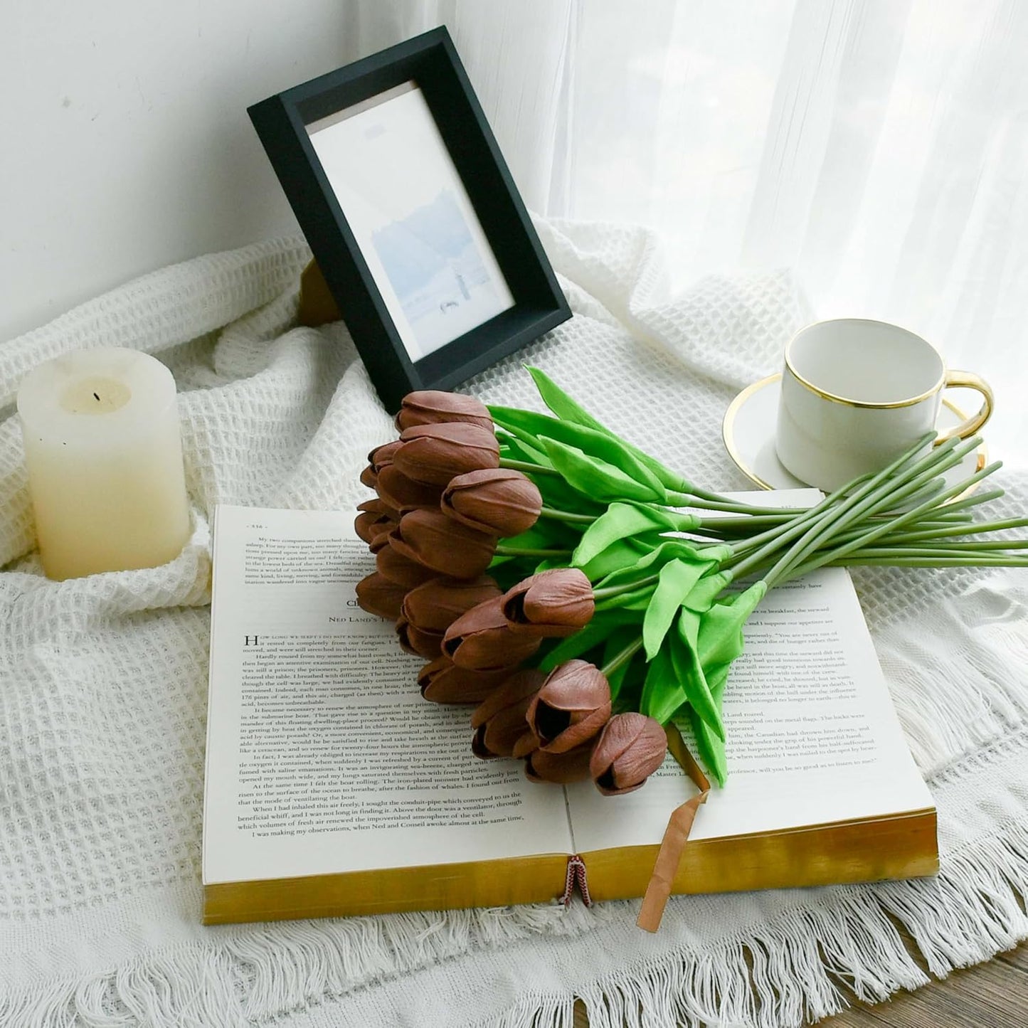 Mandy's Artificial Tulips 20 Stems Brown PU Faux Flowers for Wedding Home Decor 13.5 Inch