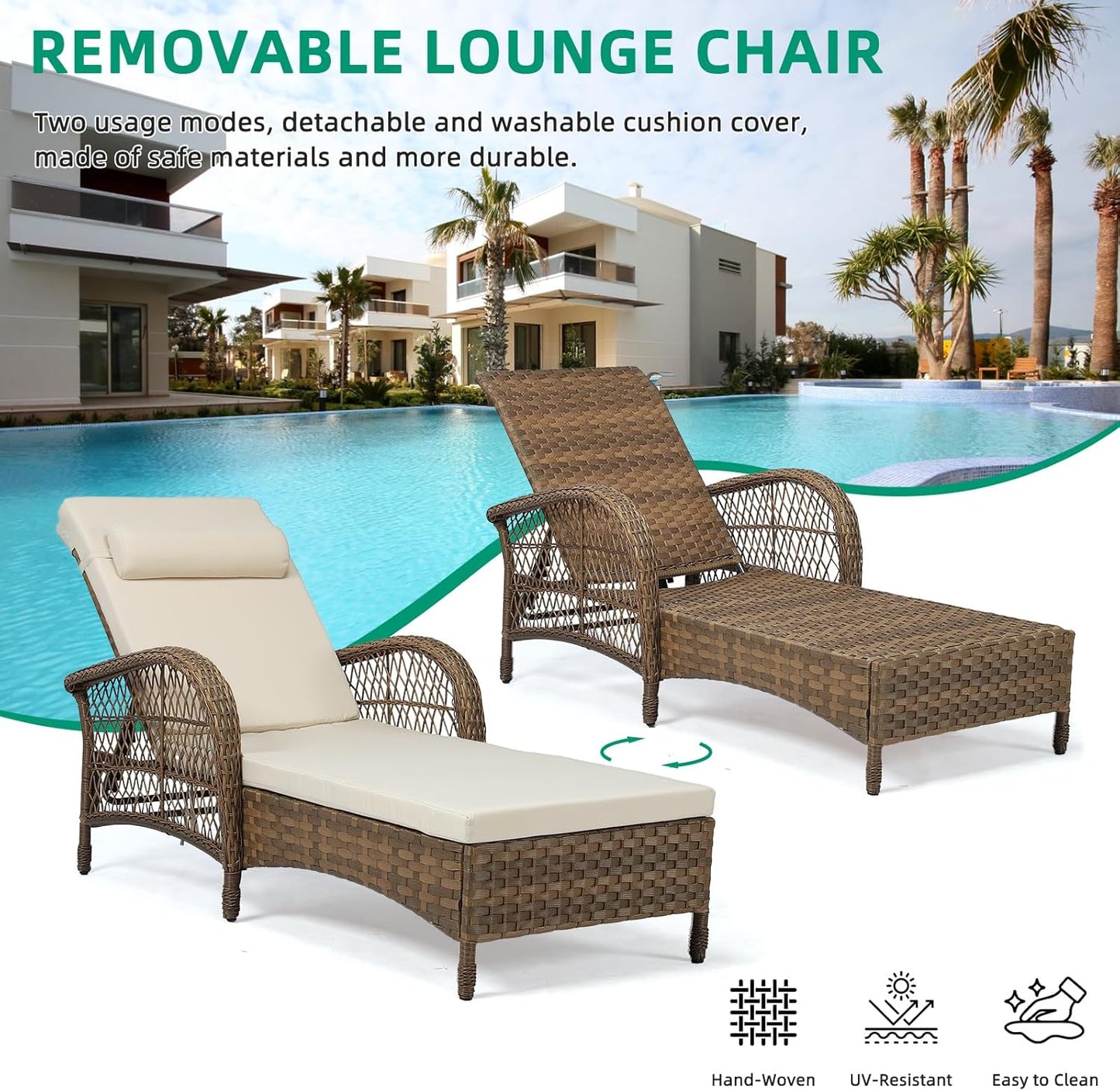 VIVIJASON Outdoor Wicker Chaise Lounge Chair, All-Weather PE Rattan Cushioned Patio Lounger Set with Side Table, 6-Position Adjustable Outside Pool Sunbathing Recliner with Armrest & Pillow, Beige