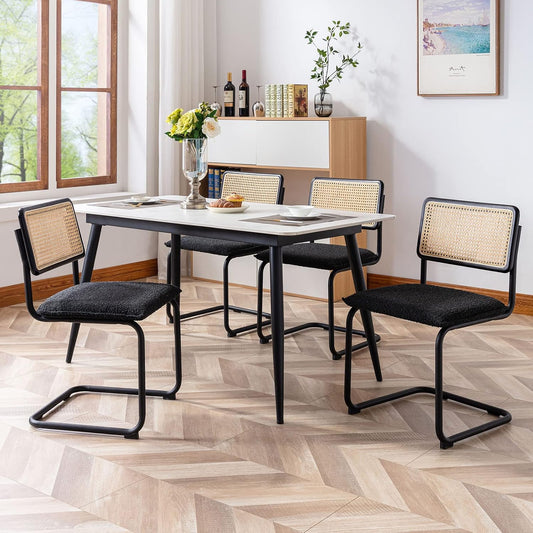 Mid Century Modern Rattan Dining Chairs Set of 4, Boucle Kitchen Chairs with Handwoven Mesh Rattan Backrest and Metal Legs, Upholstered Accent Side Chairs, Black