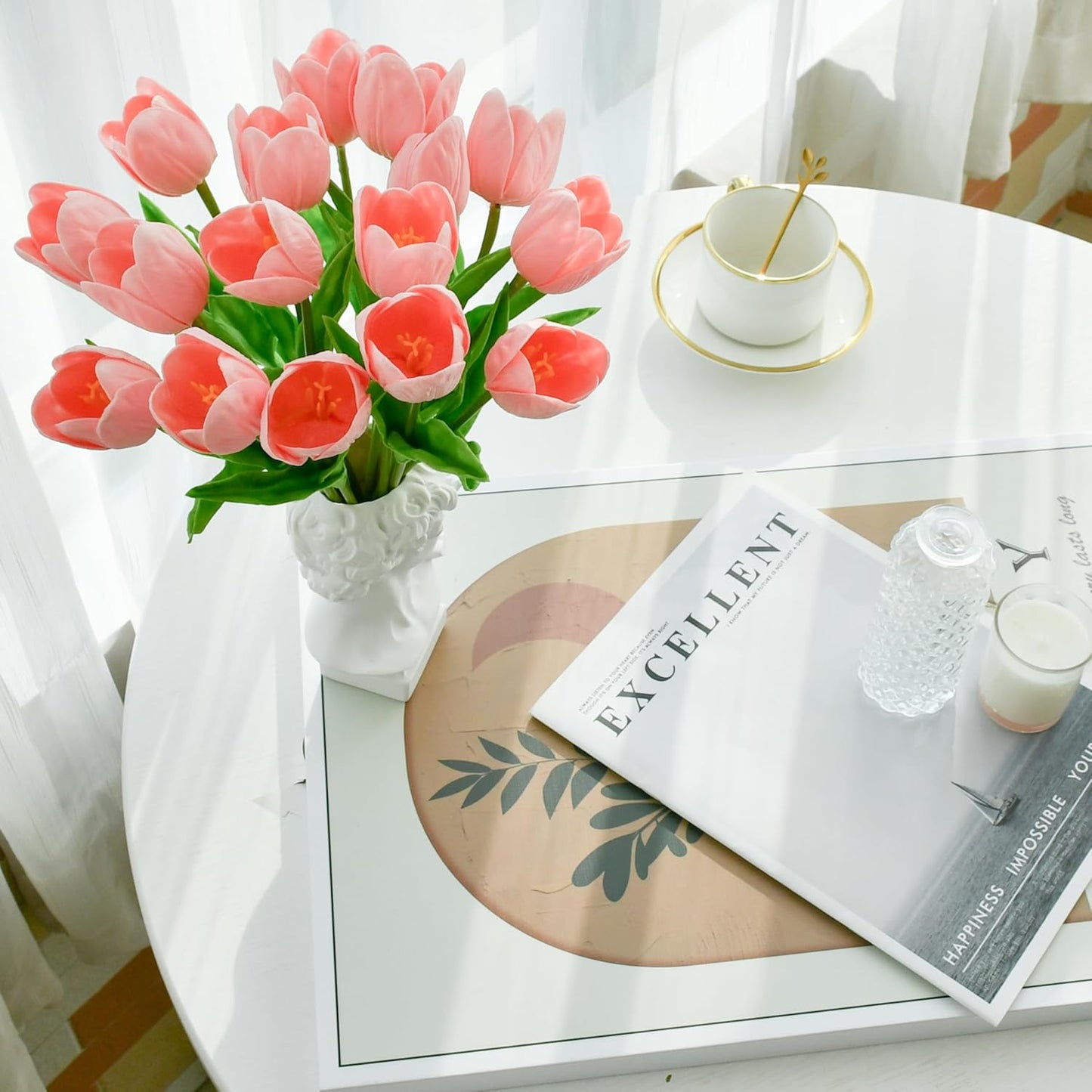 Mandy's Artificial Tulips 12 Stems Light Pink Partially Open PU Faux Flowers for Wedding Home Decor 13.5 Inch