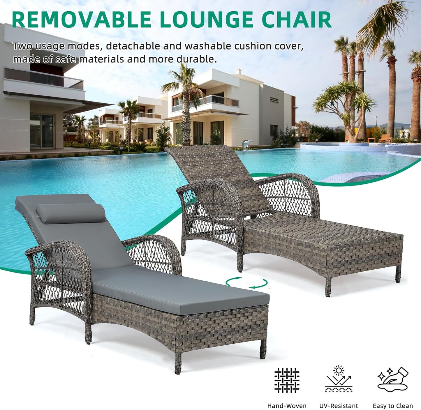 VIVIJASON 3 Pieces Outdoor Wicker Chaise Lounge Chair Set, All-Weather PE Rattan Cushioned Patio Lounger Set of 2 with Side Table, Adjustable Pool Sunbathing Recliner with Armrest & Pillow, Gray