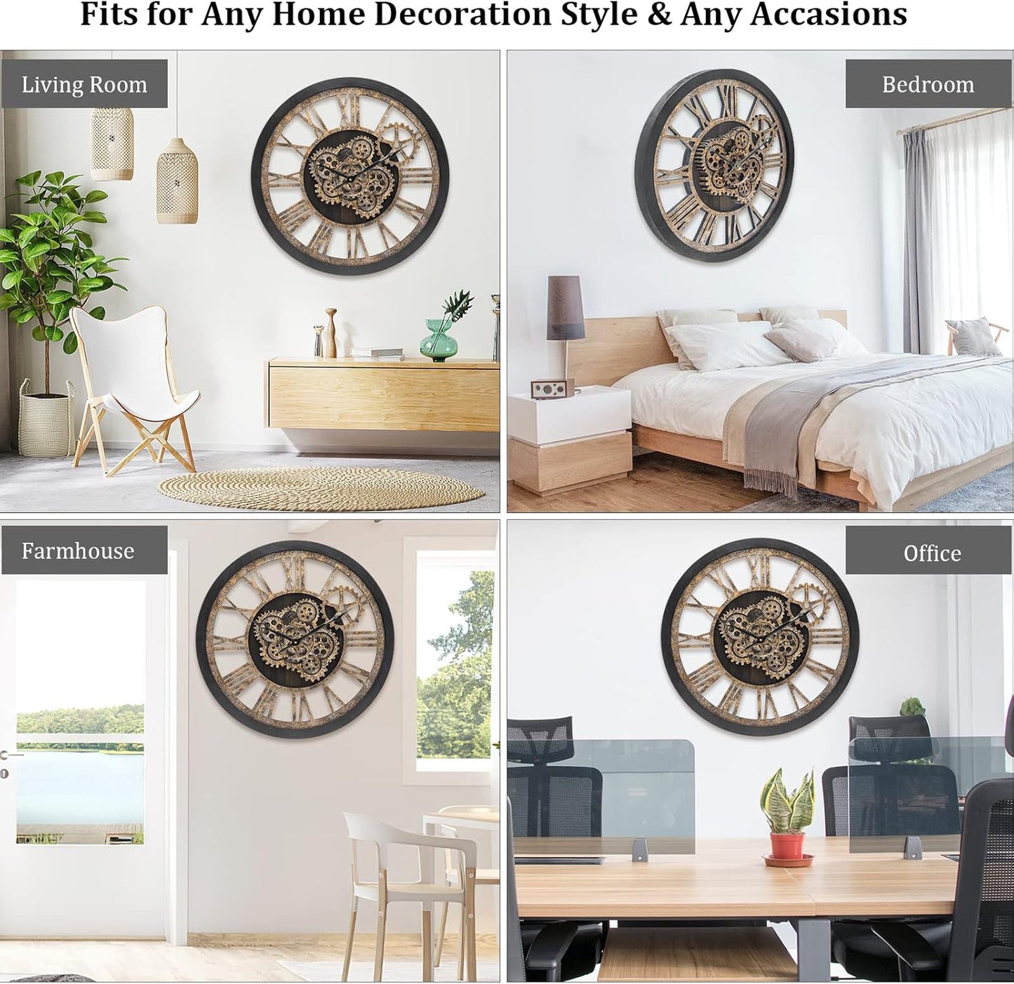 HOIBAI Large Wall Clock, 24 Inch Wall Clocks for Living Room Decor Farmhouse Vintage Rustic Kitchen Wall Decor Vintage Roman Big Oversized Wall Clock for Home Bedroom House Office, Moving Gears Clock