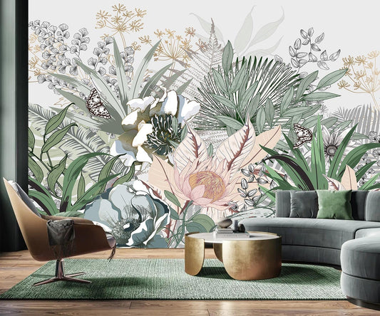 AFZEVEB-Tropical Jungle Wallpaper Botanical Large Floral Wall murals for Bedroom 159"x107" (Not Peel and Stick)