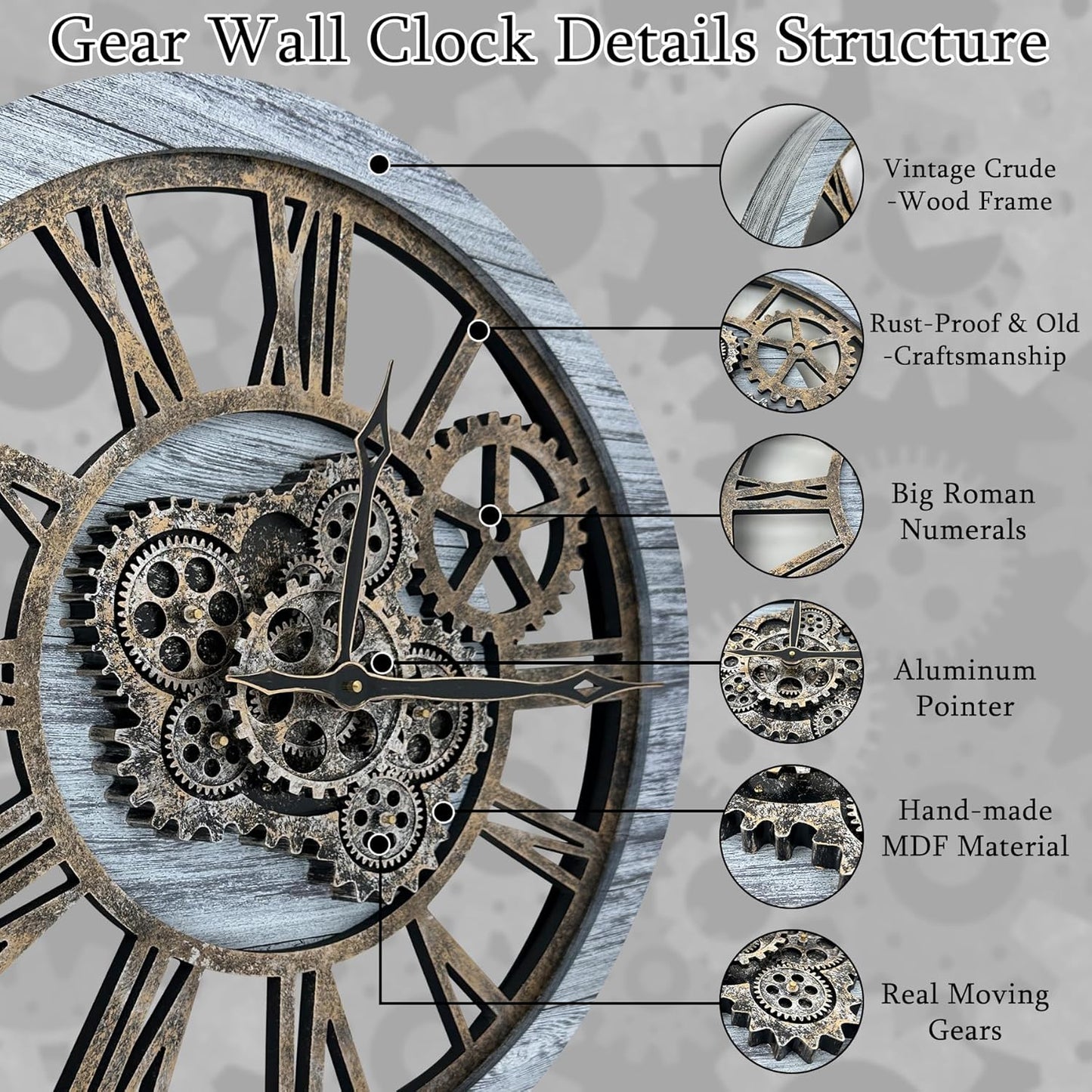 HOIBAI Large Wall Clock, Wall Clocks for Living Room Decor Farmhouse Vintage Rustic Kitchen Wall Decor Vintage Roman Big Oversized Wall Clock for Home Bedroom House Office, Moving Gears Clock