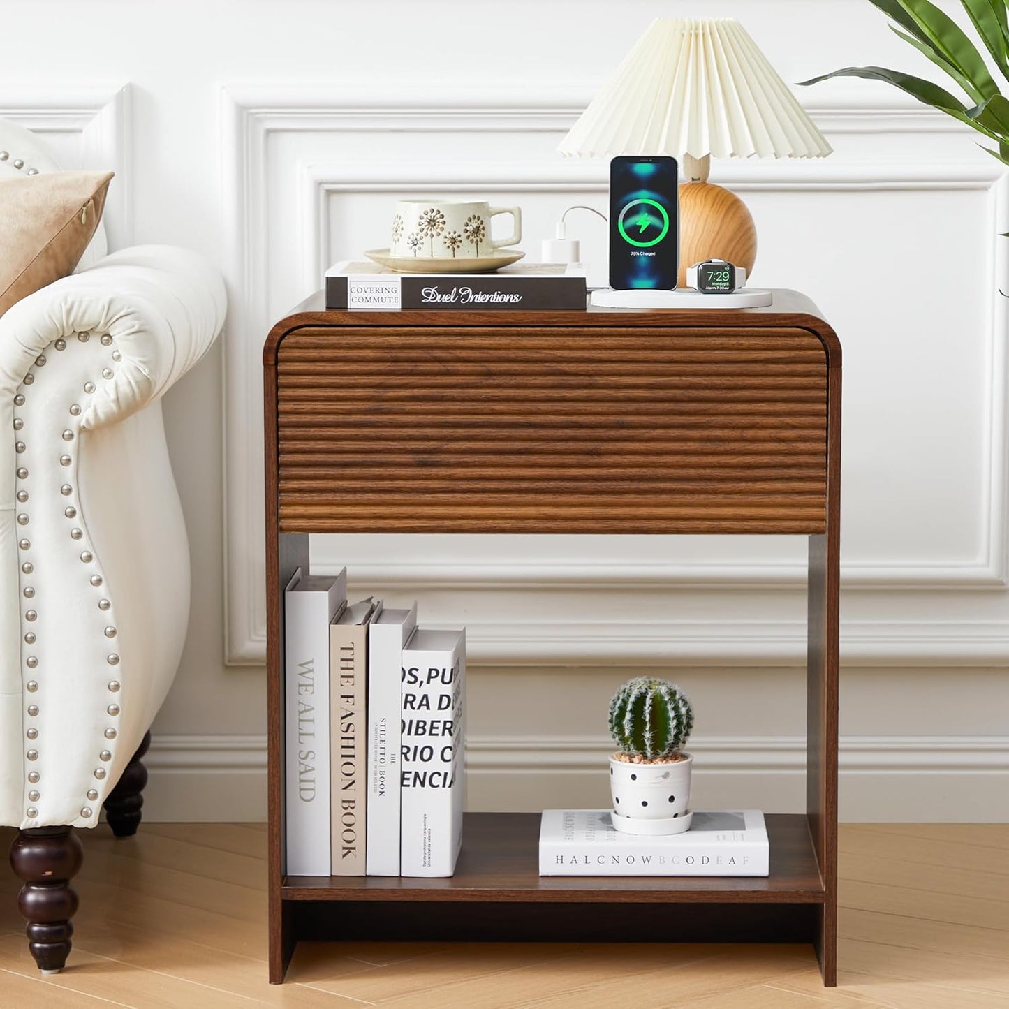 Fluted Nightstand with Charging Station, Mid Century Modern Bed Side Table End Table with Drawer Storage, Large Wooden Night Stands Bedside for Bedroom Living Room Sofa Office, Walnut