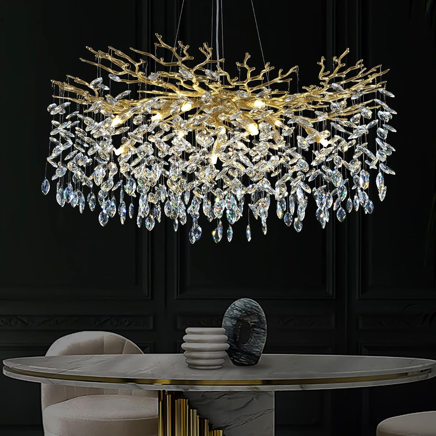 Modern Crystal Chandeliers for Dining Room Over Table, 40" Round Gold Tree Branche Chandelier, Large Crystal Chandelier for Living Room,High Ceiling,Foyer,Entryway,Kitchen Island,Staircase