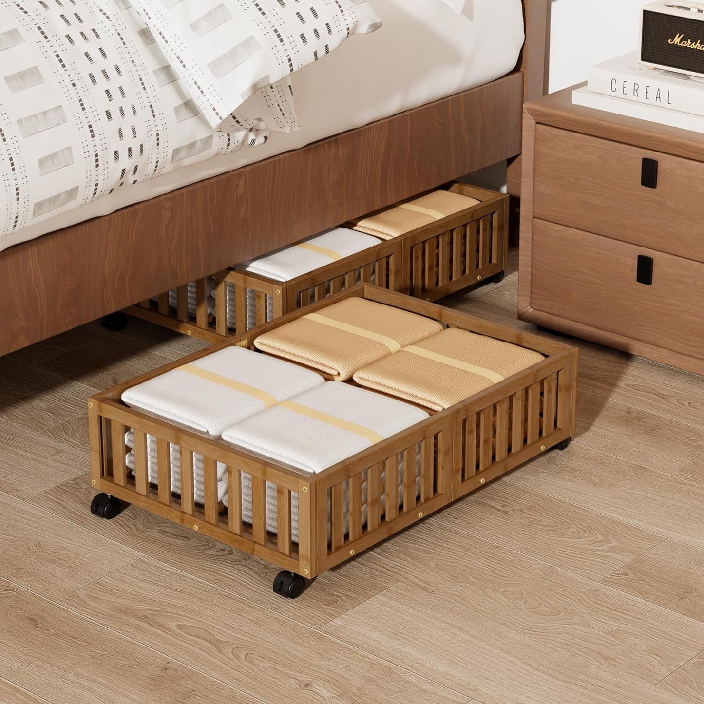 Bamboo Under Bed Storage with Wheels (2-Pack) – Rolling Underbed Shoe Organizer Box for Shoes, Blankets, Toys, Clothes Container Space-Saving Organizer Bins for Bedroom, Closet, Dorm, Nursery