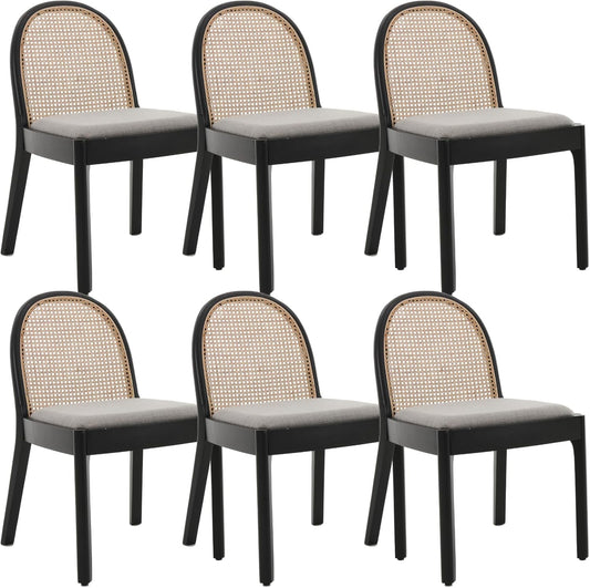 Mid Century Dining Chairs Set of 6, Accent Rattan Side Chairs Linen Fabric Kitchen Chair with Solid Wooden Legs for Living Room Dining Room, Grey