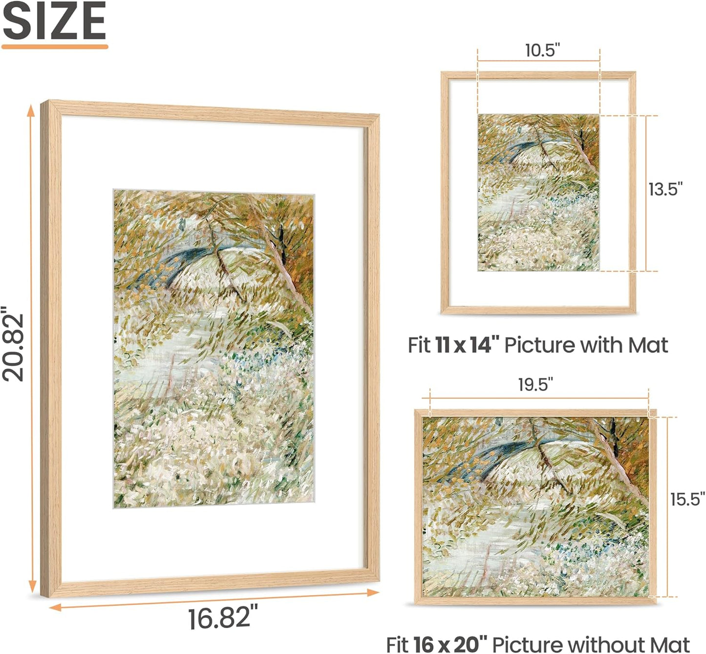 upsimples 16x20 Frames, Natural Solid Wooden Picture Frames, Display 11x14 with Mat or 16 x 20 Without, Vertical or Horizontal Wall Hanging, 1 Pack, Natural