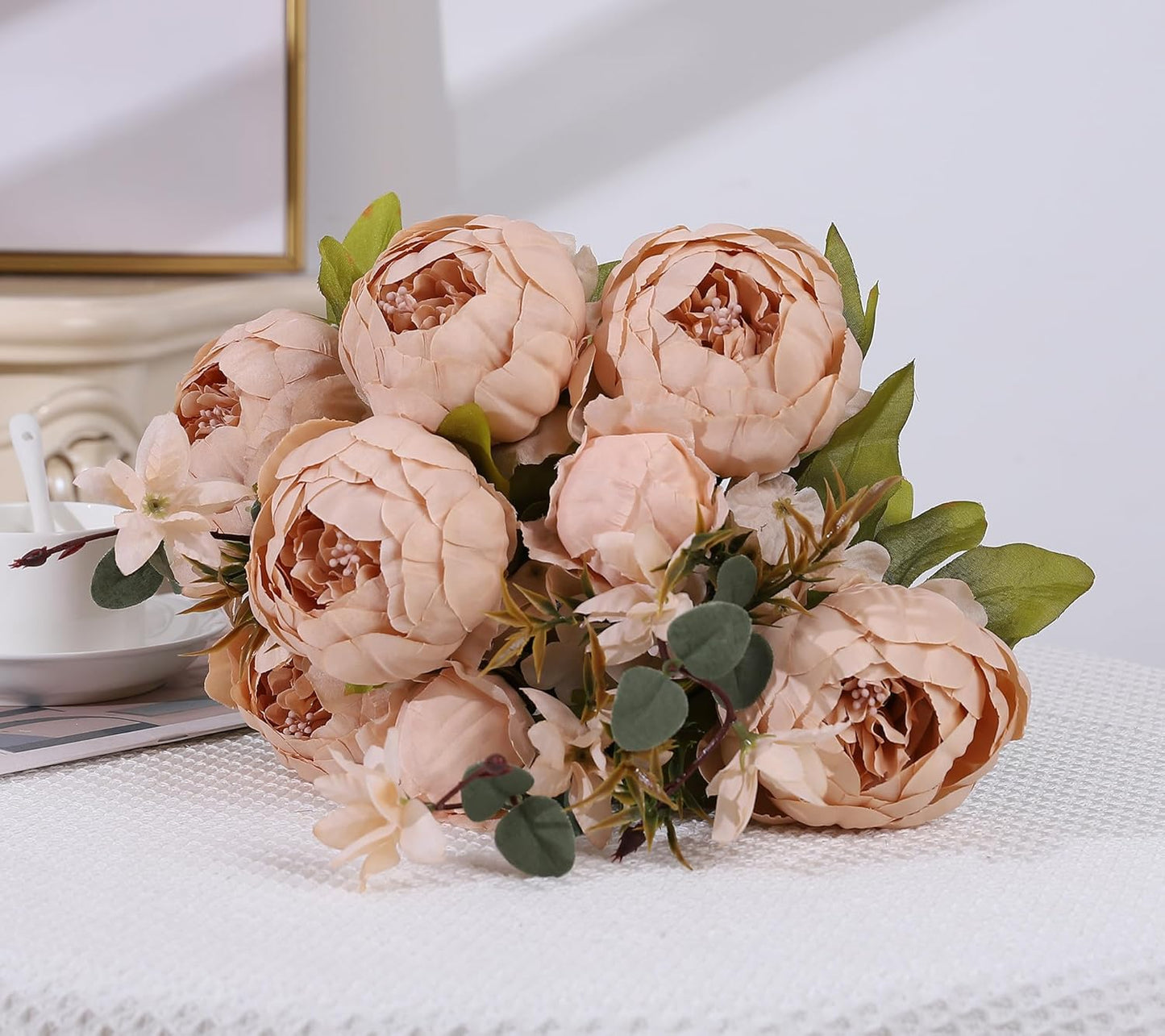 Duovlo Artificial Peony Silk Flowers Fake Flowers Vintage Wedding Home Decoration,Pack of 1 (Light Champagne)