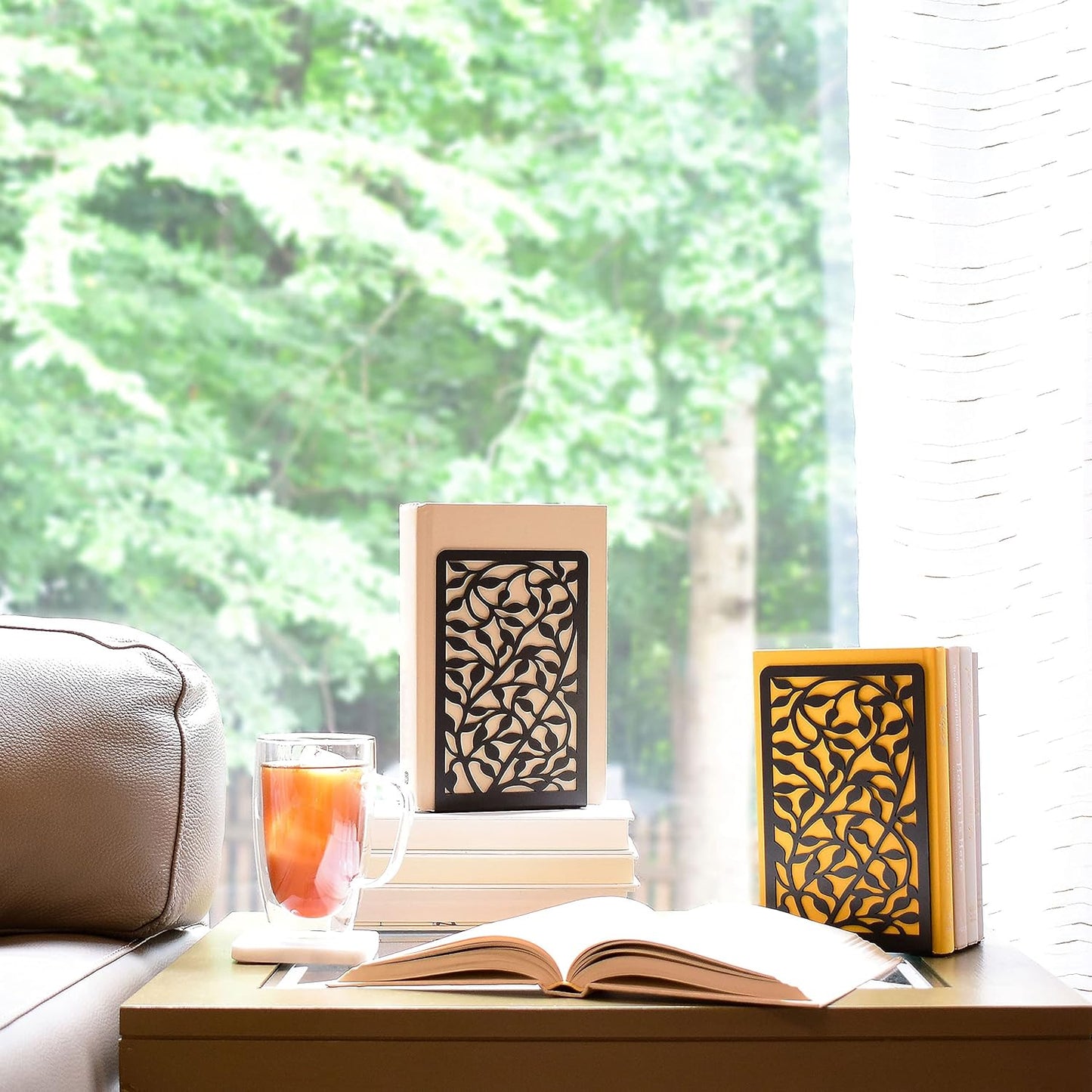 CNK Book Ends for Shelves - Metal Holders for Home Office Heavy Books, Shelf Stoppers, Decorative Set of 2 Black Infinite Leaves Bookends