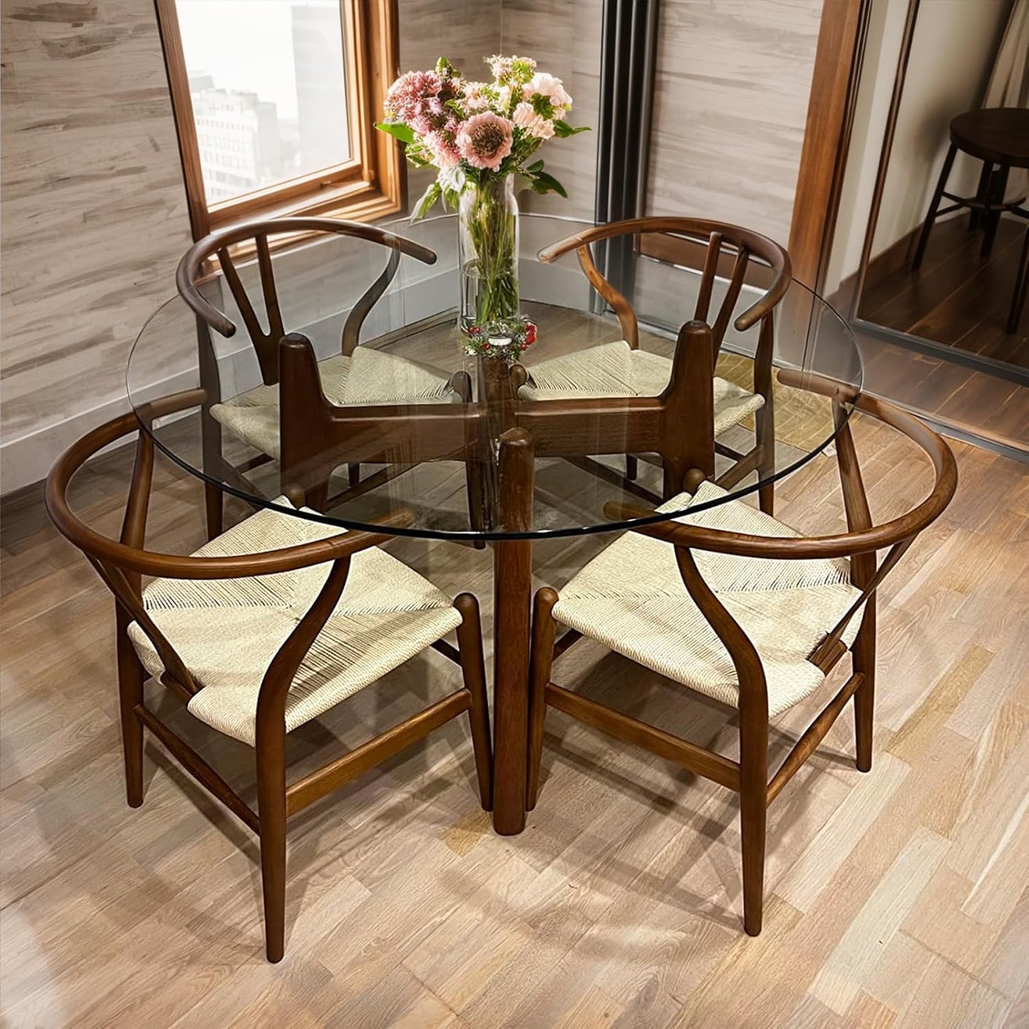 Wishbone Chair Natural Solid Wood Dining Chair/Hans Vegner Y Chair Rattan and Wood Accent Armrest Chairs Set of 1 (Ash Wood - Walnut)