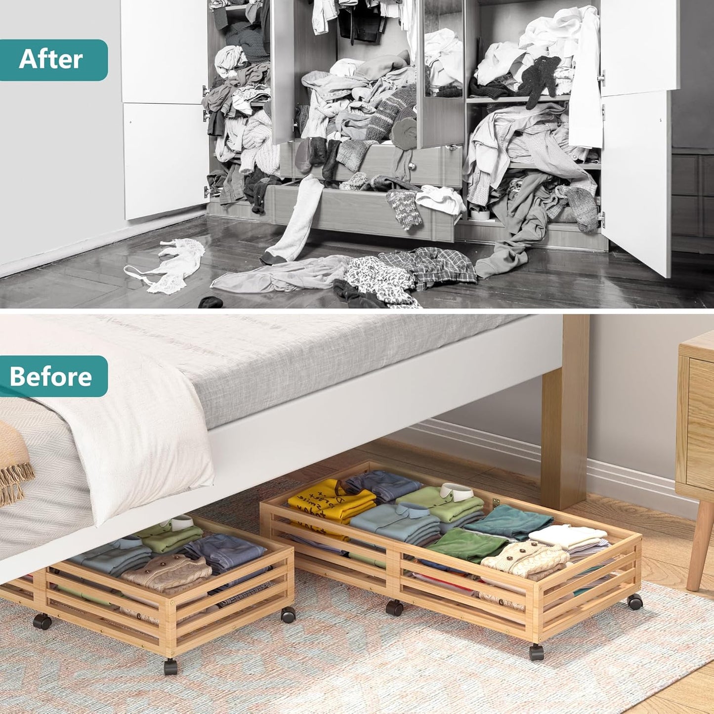 Bamboo Under Bed Storage Containers- Underbed Organizer with Wheels with Large Dust Bag,Sturdy Wood Rolling Under the Bed Shoe Storage Organizer Drawer 2 Packs (Nature, Long)