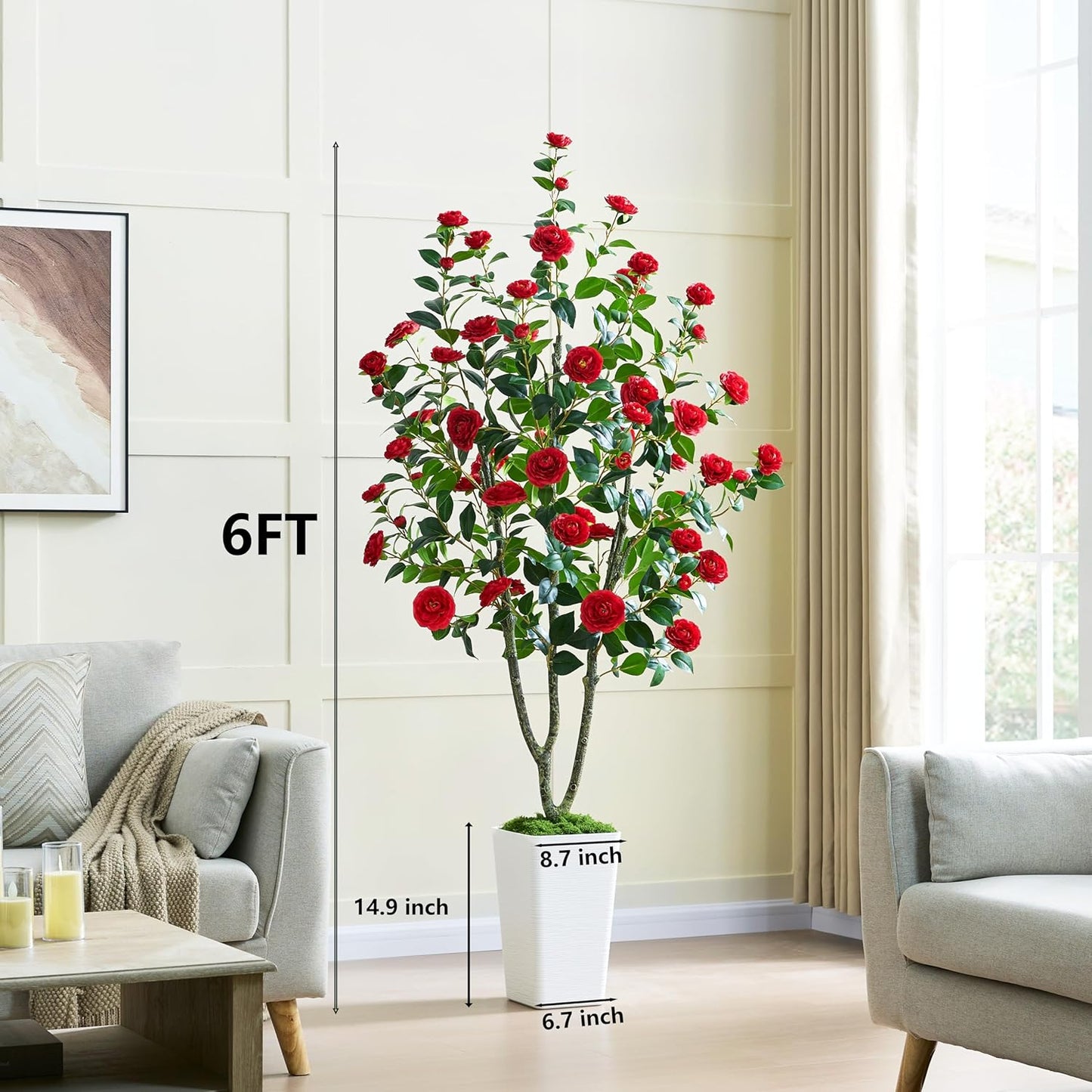 Artificial Camellia Tree 6FT Faux Trees Indoor Fake Floral Plant Blooming Tree with Red Flowers & White Tall Planter, Faux Camellia Plants for Porch Home Room Bedroom Office Front Door Outdoor Decor