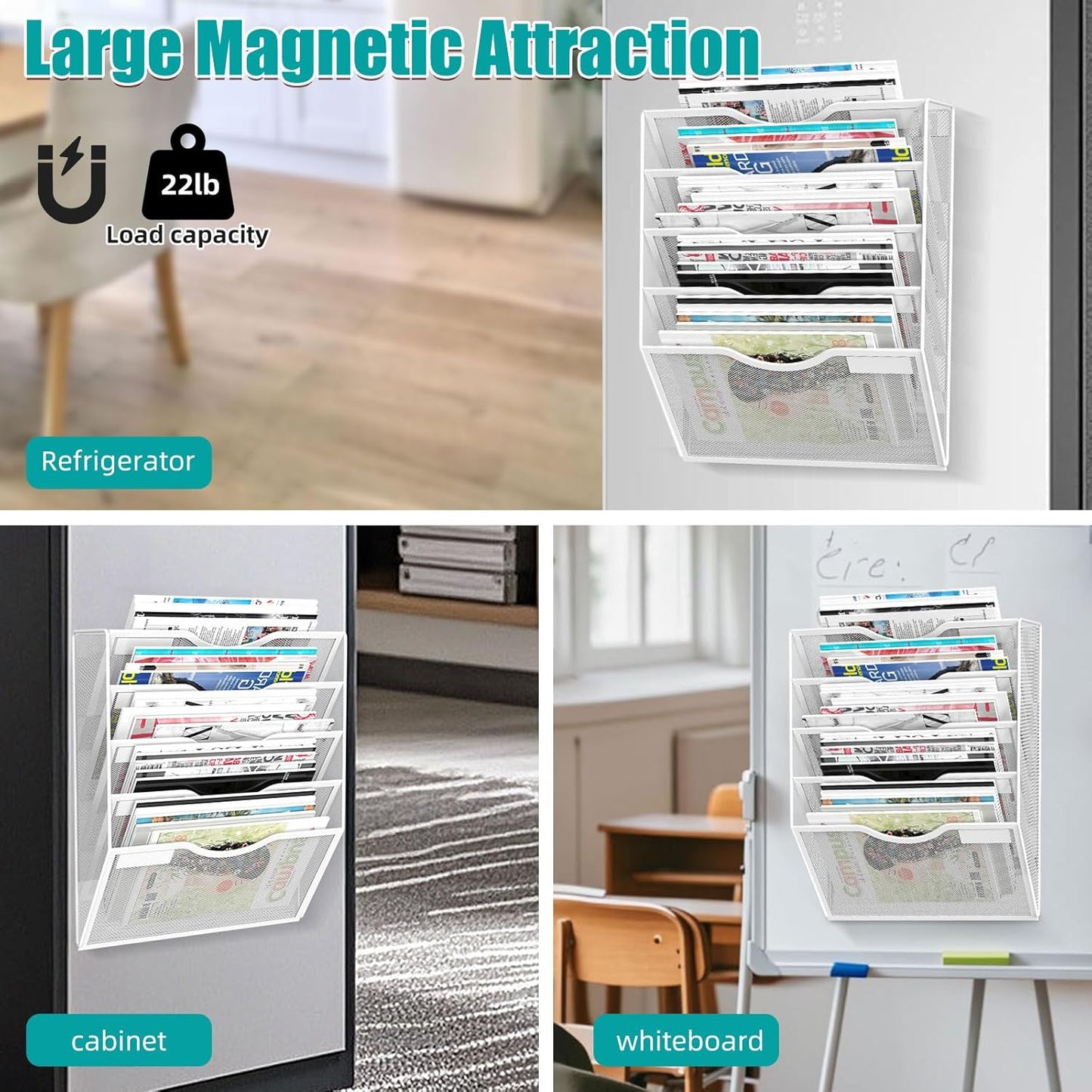 5-Tier Magnetic File Organizer, No Drilling Installation, White Magnetic Paper Holder, Magazine Rack for Refrigerator and File Cabinets