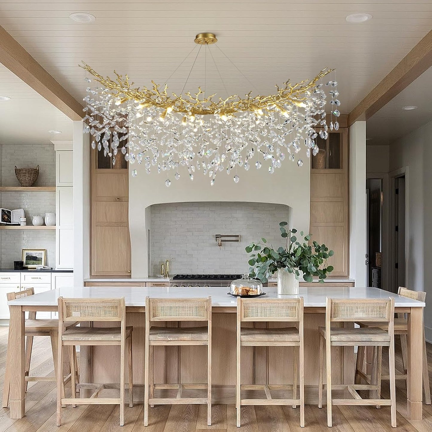 Modern Crystal Gold Chandelier, 55" Large Rectangular Oval Tree Branch Crystal Chandeliers for Dining Room,16-Light Flush Mount K9 Crystal Chandeliers, for Kitchen Island,Dining Room