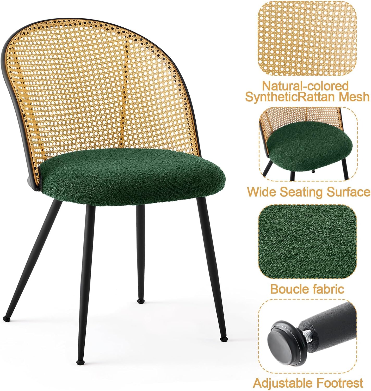 Rattan Dining Chairs Set of 2, Mid-Century Modern Kitchen Dining Room Chairs with Full Cane Backrest Armless Upholstered Farmhouse Boucle Dining Chairs with Metal Leqs for Dining Room, Green