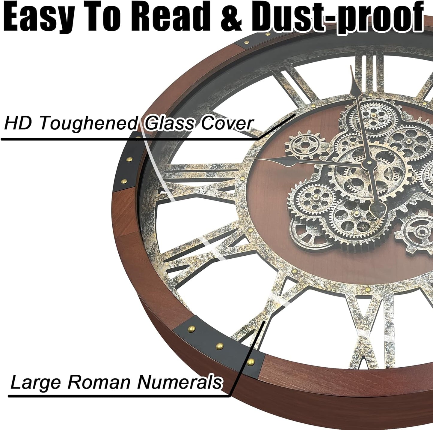 DORBOKER 40" Original Moving Gears Wall Clock, Large Industrial Wall Clock for Living Room Decor,Oversized Wood Vintage Farmhouse Steampunk Rustic Clocks for Wall Decor,Black Walnut