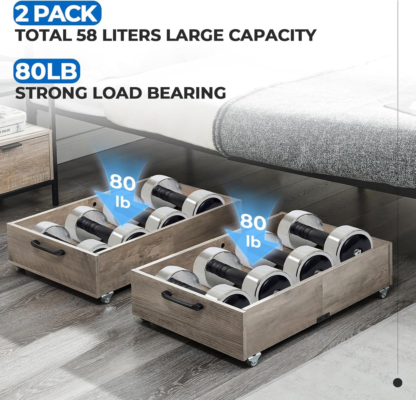 Under Bed Storage with Wheels, 2-Pack Under Bed Shoe Storage Organizer Drawer, Composite Wood Organizer for Shoes Clothes Containers in Bedroom for Clothes,Shoes(Grey)