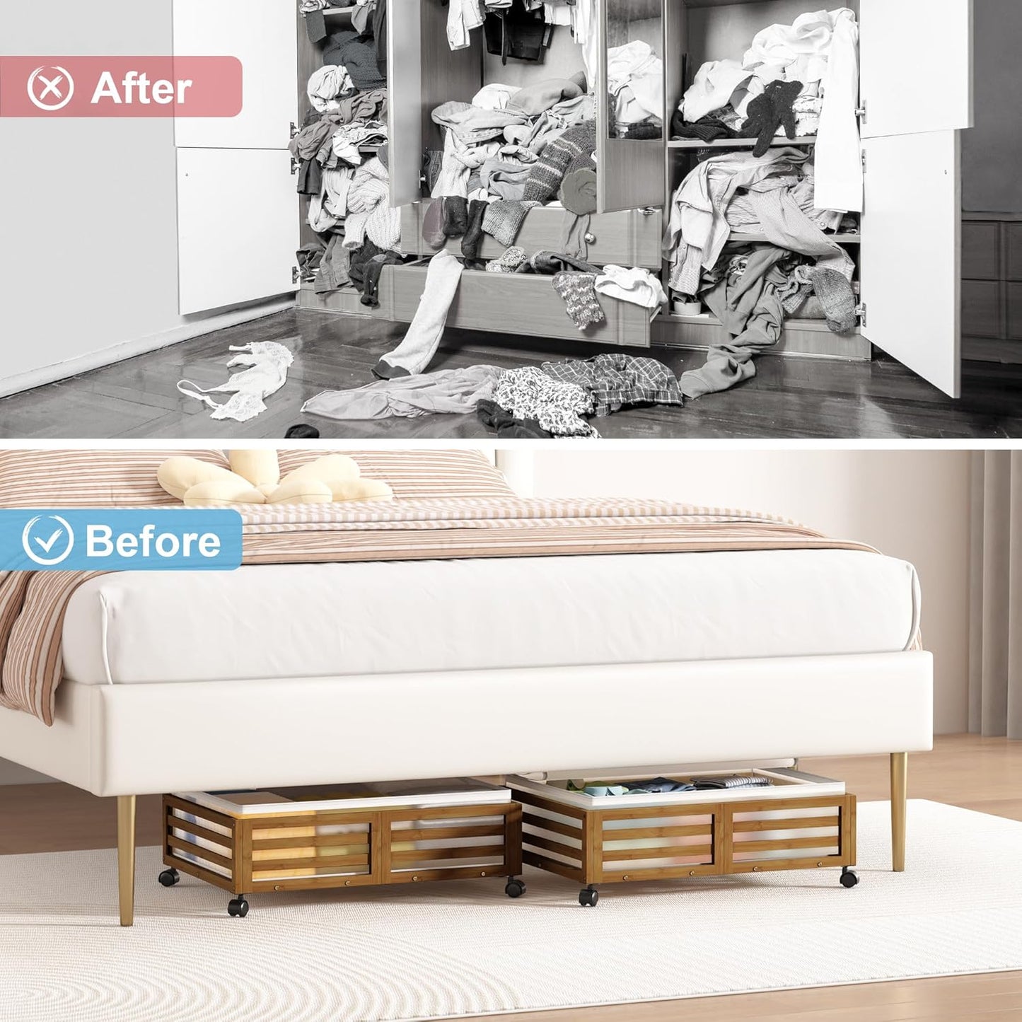 Under Bed Storage Containers With Wheels - 2 Pcs Bamboo Wood Rolling Underbed Shoe Storage Bins With Dust Bags for Clothes Blankets, Duvet Covers Snacks Toys (Walnut)