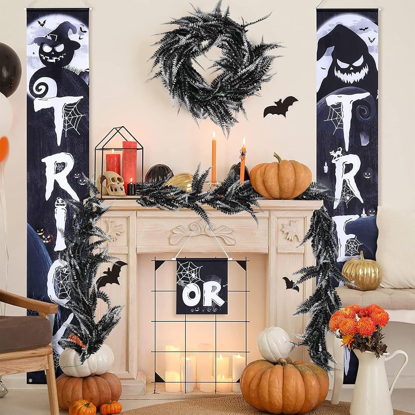 RECUTMS 2pcs Black Garland Artificial Boston Ferns 6 FT Faux Hanging Greenery UV Resistant Halloween Decor