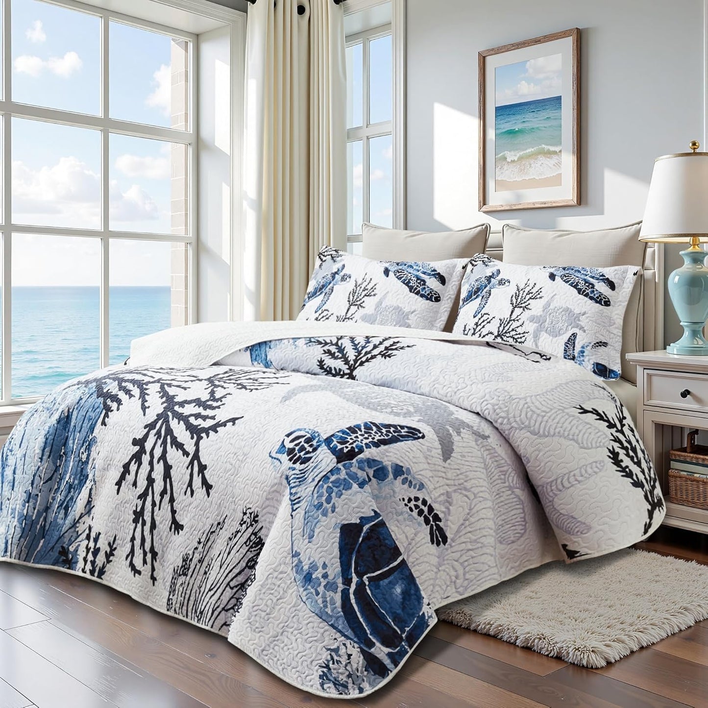 Coastal Bedding King Size Coastal Quilt with 2 Shams, Nautical Beach Comforter Sets Ocean Bedspreads Blue Seaturtle Coverlet Summer Bedding, 96''x106''