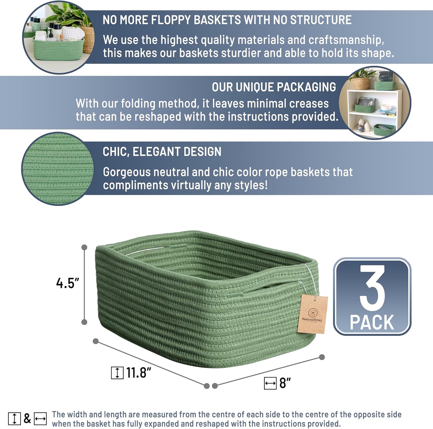 NaturalCozy 11.8"x8"x4.5” Rectangle Storage Baskets for Shelves 3 Pack | Cotton Rope Woven Small Baskets for Organizing | Small Storage Bins for Nursery, Bathroom, Closet, Shelf, Decorative, Gift