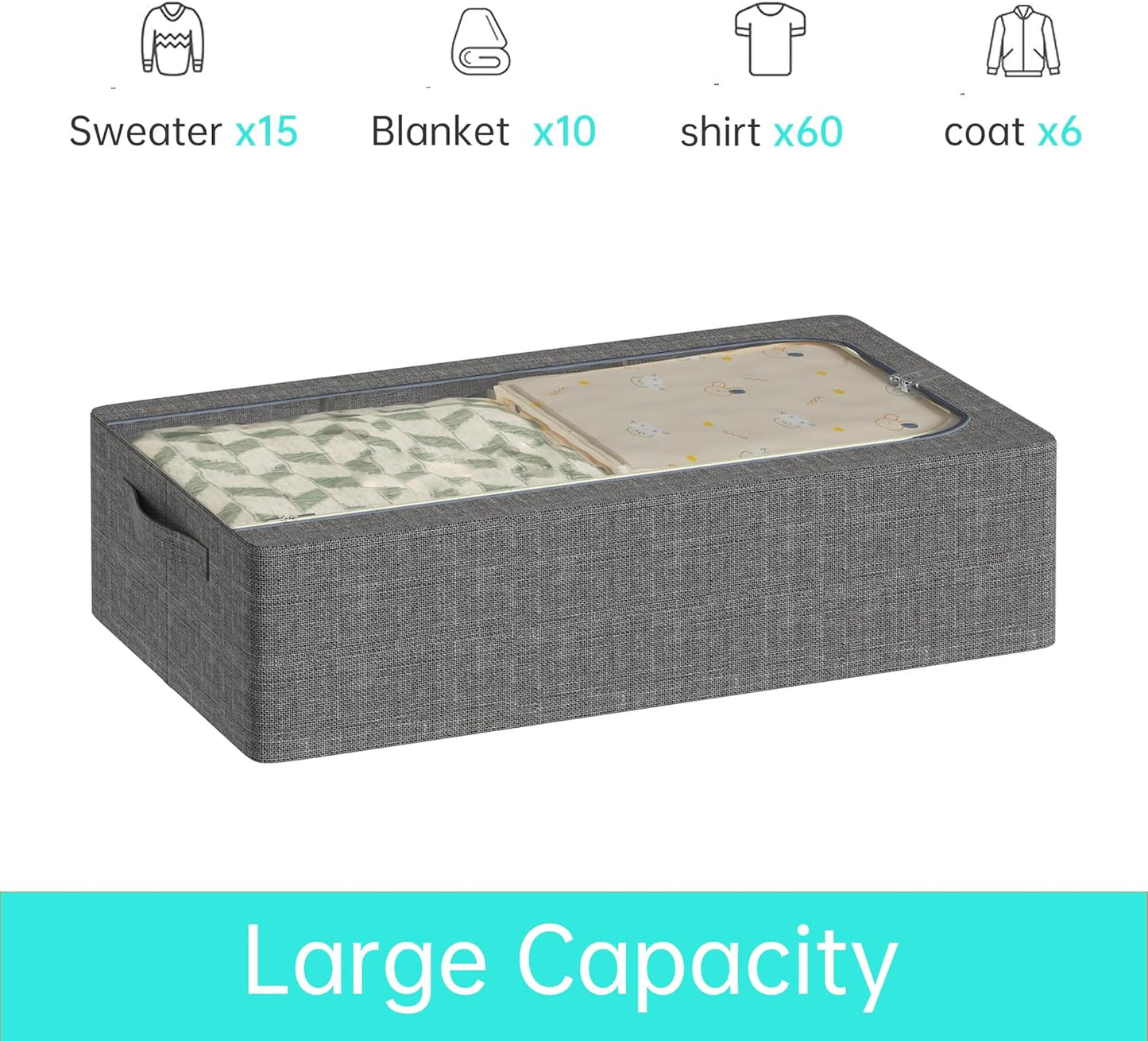 3PCS Under Bed Storage Bins with Metal Frame, Linen Fabric Frame Storage Box Clothes Organizer Bins, Underbed Container with Clear Window (Dark Grey, 15.7 x 13 x 6IN)