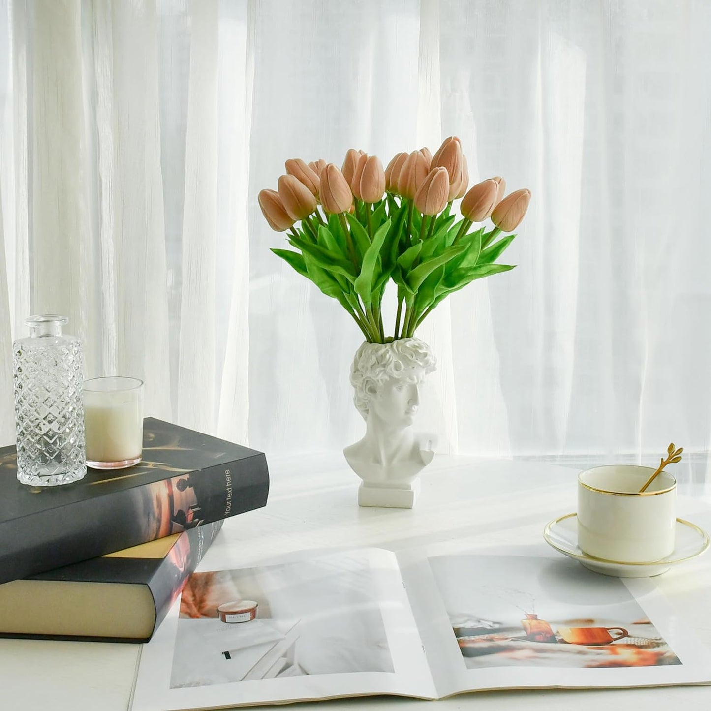 Mandy's Artificial Tulips 20 Stems Light Brown PU Faux Flowers for Wedding Home Decor 13.5 Inch