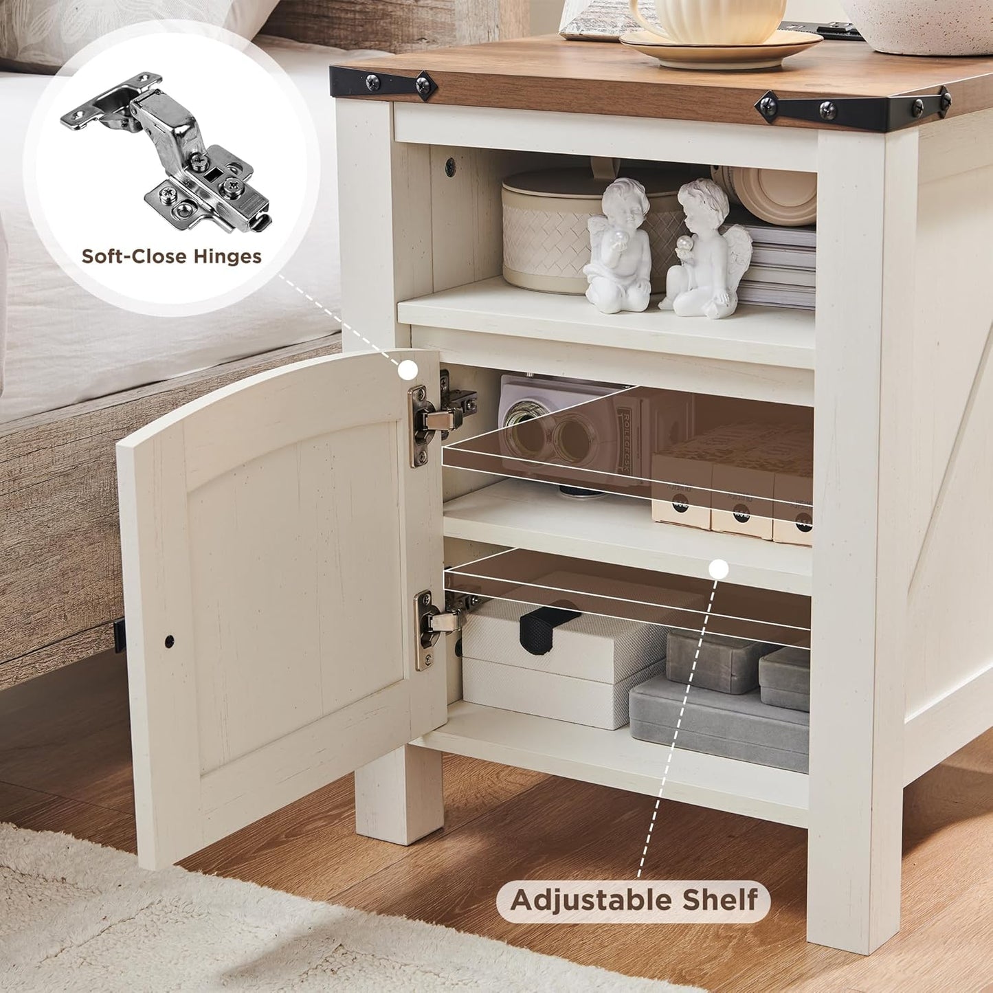 OKD Nightstand with Charging Station Set of 2, 18 Inchs Farmhouse End Table with Adjustable Storage Shelf, Rustic Wood Sofa Side Table for Bedroom