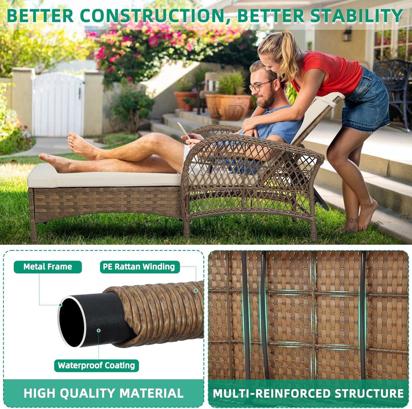 VIVIJASON Outdoor Wicker Chaise Lounge Chair Set of 2, All-Weather PE Rattan Cushioned Patio Lounger Chairs, 6-Position Adjustable Outside Pool Sunbathing Recliner with Armrest & Pillow, Beige