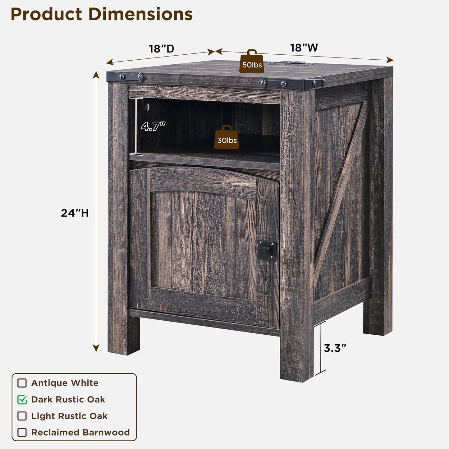 OKD Farmhouse Nightstand with Charging Station, 18" Rustic End Table with Adjustable Storage Shelf, Wood Rustic Wood Sofa Side Table for Bedroom