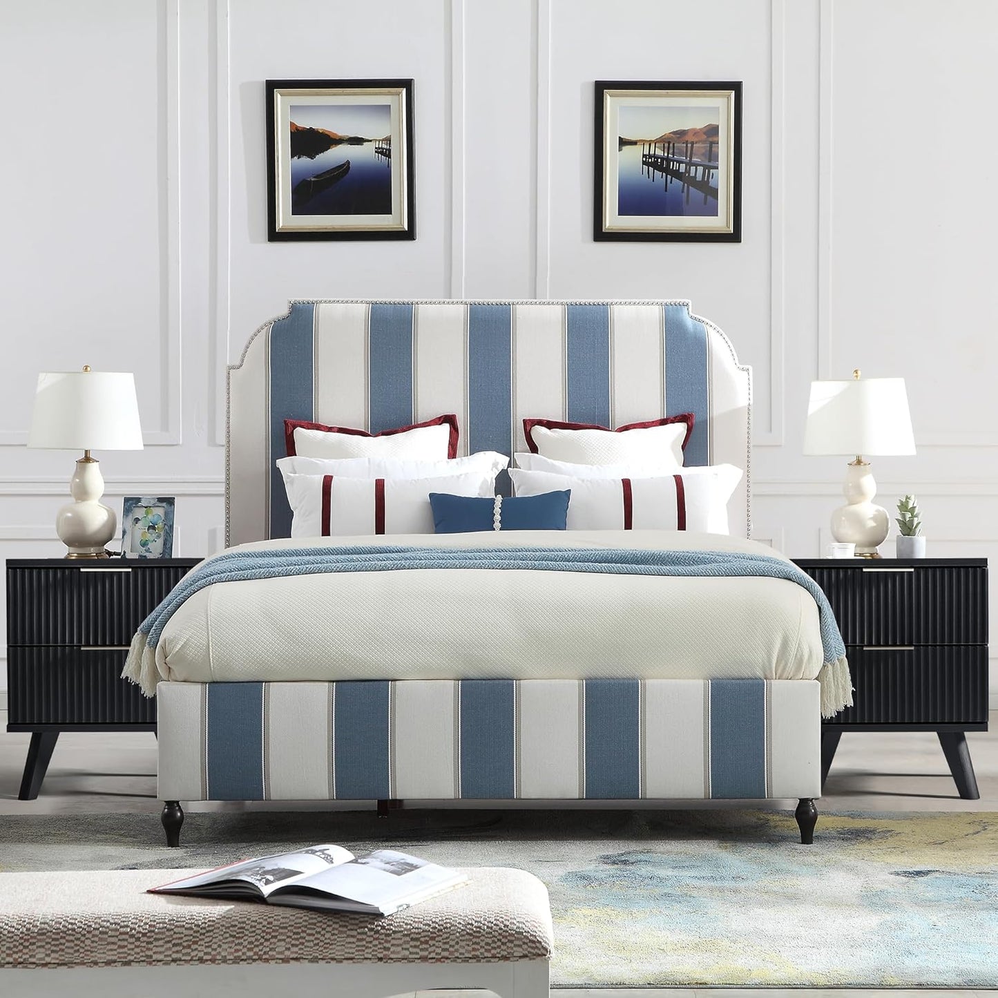 Fluted Nightstand Set of 2, Mid Century Modern 2 Drawer Dresser for Bedroom, Small Dresser Night Stand Side Table End Table with Wood Fluted Drawer Storage for Bedroom Closet(Black)