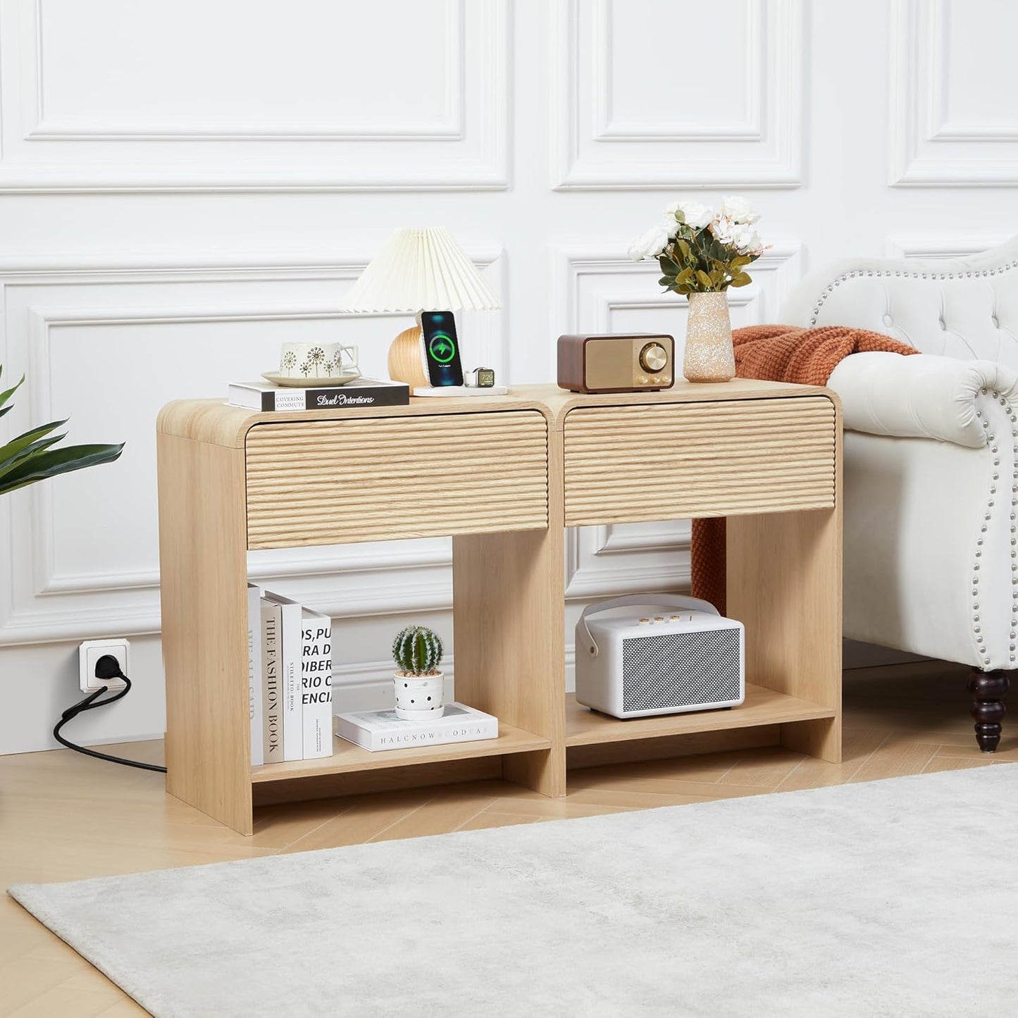 Fluted Nightstand Set of 2 with Charging Station, Modern Bed Side Table End Table with Drawer Storage, Large Wooden Night Stands Bedside for Bedroom Living Room Sofa Office, Natural 2 Sets