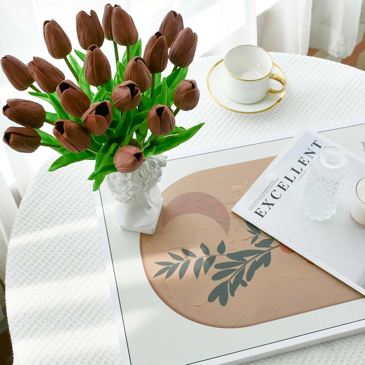 Mandy's Artificial Tulips 20 Stems Brown PU Faux Flowers for Wedding Home Decor 13.5 Inch