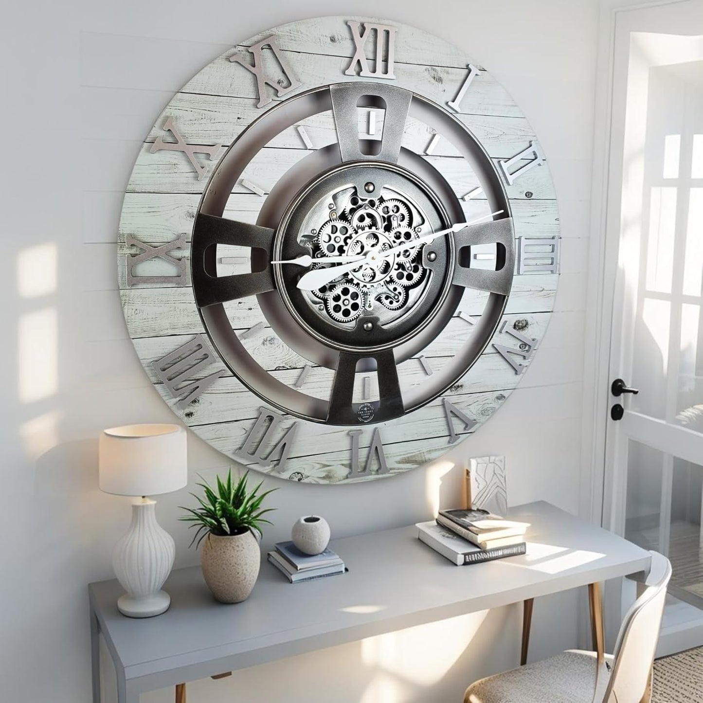 The Gears Clock Real Moving Gear Wall Clock England Line (White Farmhouse, 24 inches (60 cm))